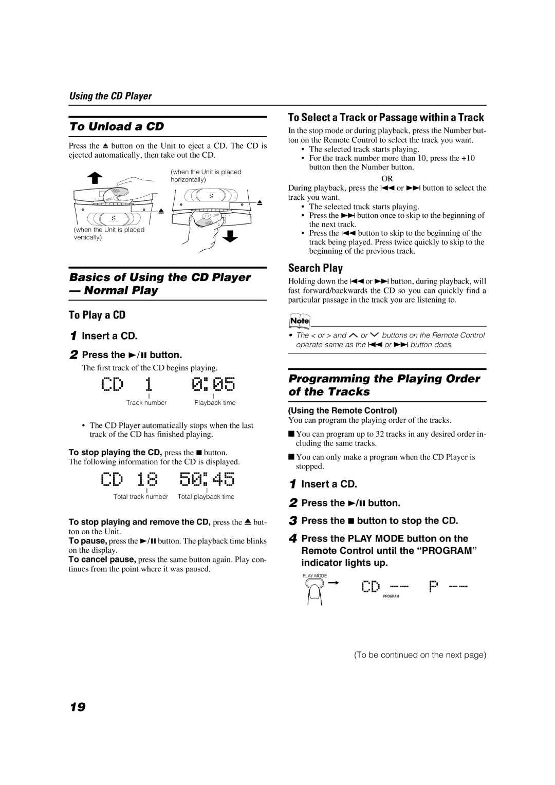 JVC SP-PW2000, CA-VSDT2000 manual To Unload a CD, Basics of Using the CD Player Normal Play, To Play a CD, Search Play 