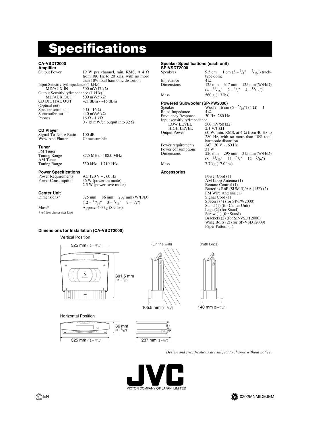 JVC SP-VSDT2000, SP-PW2000 manual Specifications, CA-VSDT2000 