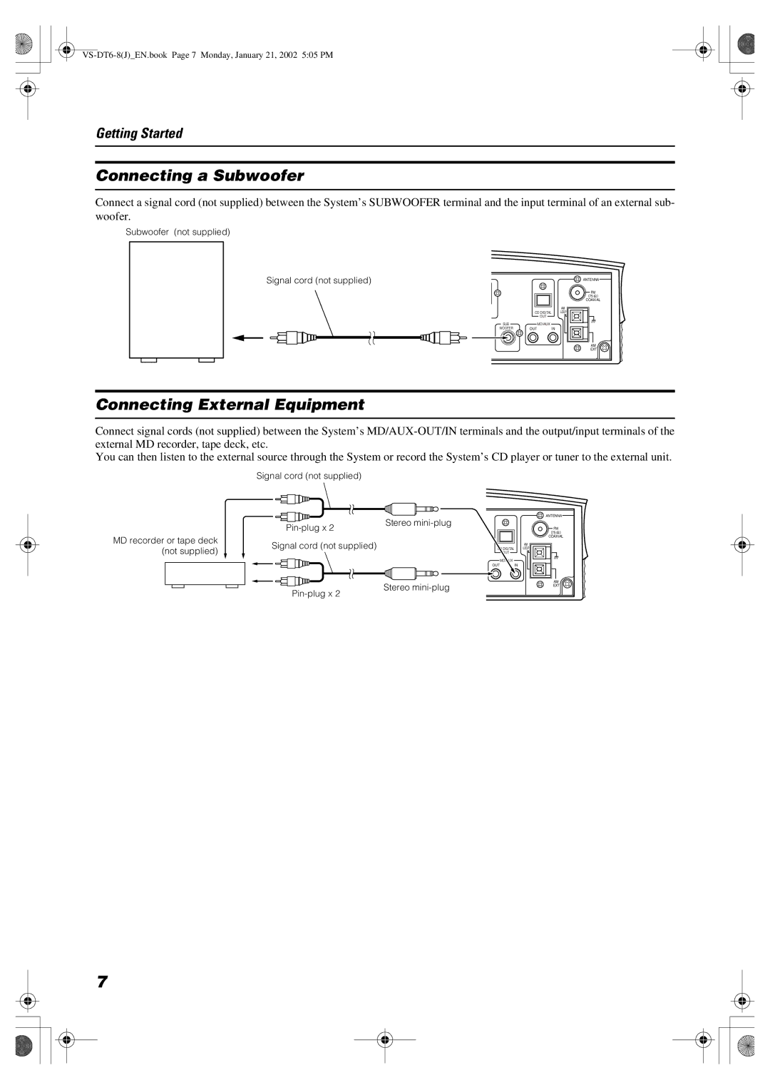 JVC SP-VSDT8, CA-VSDT8, VS-DT8 manual Connecting a Subwoofer, Connecting External Equipment 