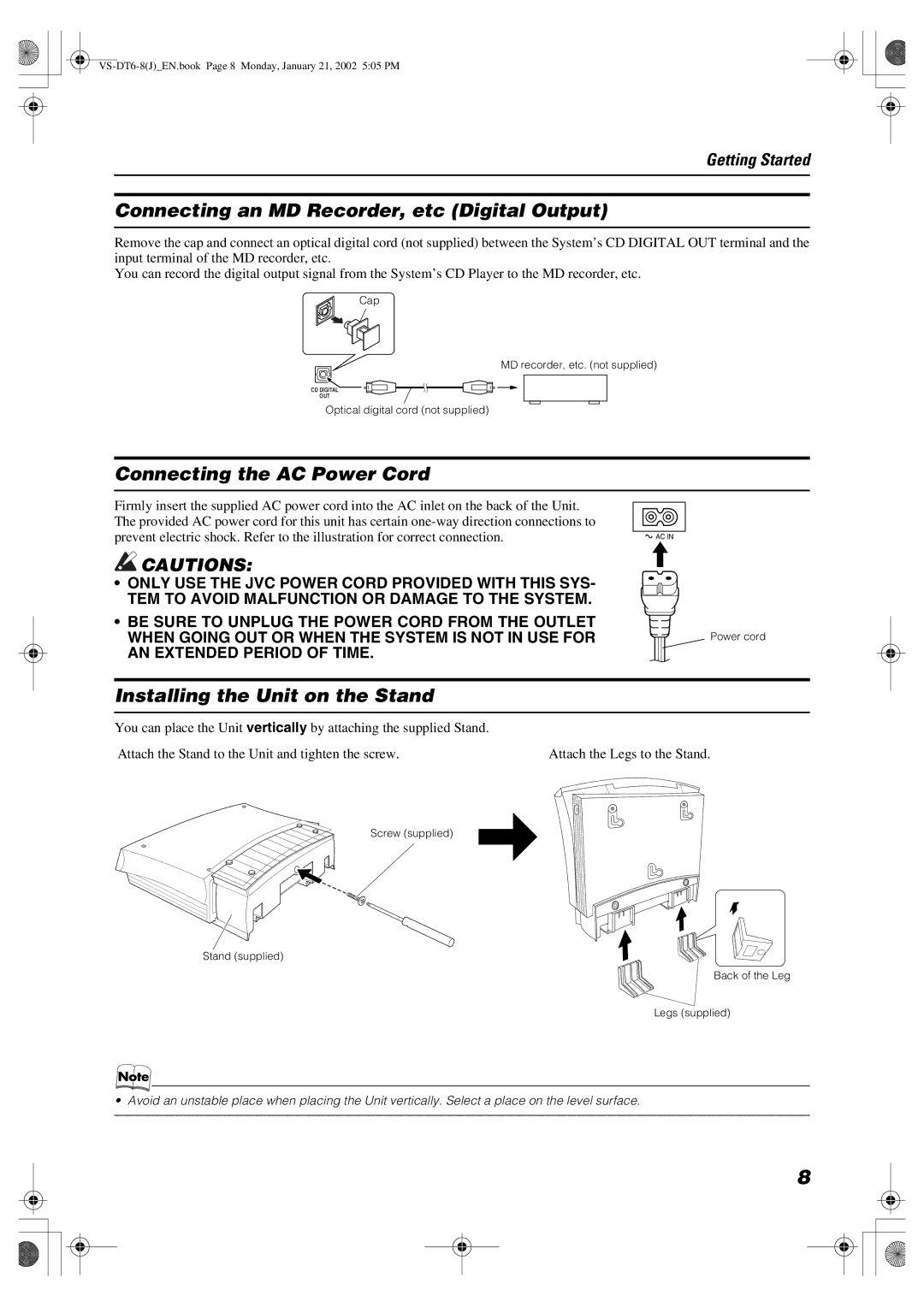 JVC VS-DT8 Connecting an MD Recorder, etc Digital Output, Connecting the AC Power Cord, Installing the Unit on the Stand 