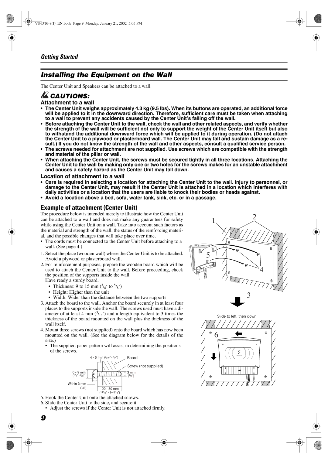 JVC CA-VSDT8, SP-VSDT8, VS-DT8 manual Installing the Equipment on the Wall, Example of attachment Center Unit 