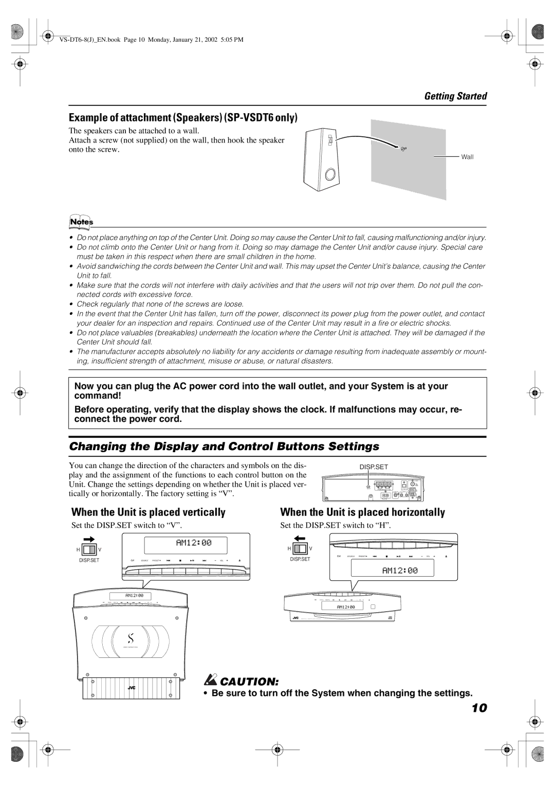 JVC SP-VSDT8, CA-VSDT8 Example of attachment Speakers SP-VSDT6 only, Changing the Display and Control Buttons Settings 