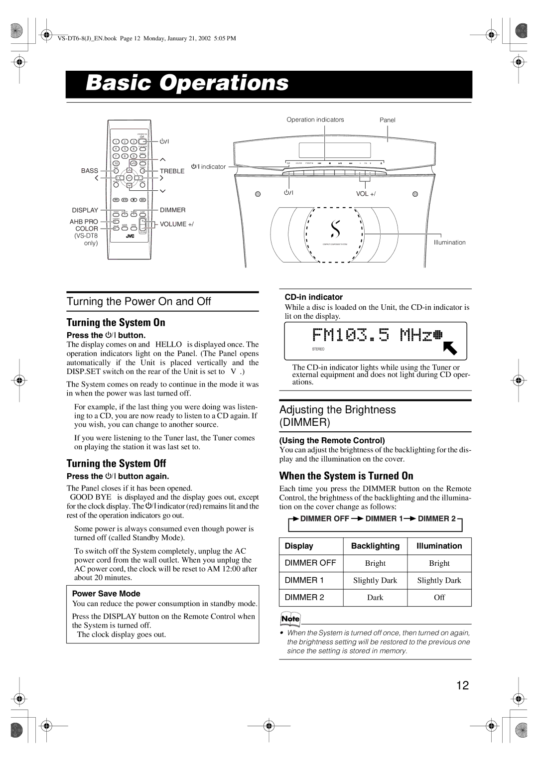 JVC CA-VSDT8, SP-VSDT8, VS-DT8 manual Basic Operations, Turning the Power On and Off, Adjusting the Brightness Dimmer 