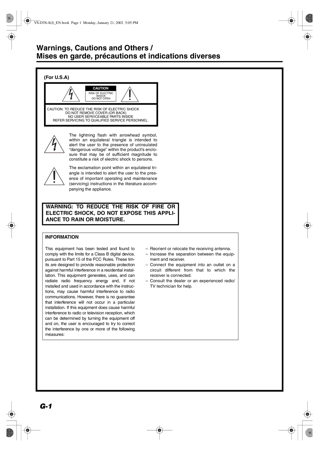 JVC VS-DT8, CA-VSDT8, SP-VSDT8 manual Mises en garde, précautions et indications diverses, For U.S.A 