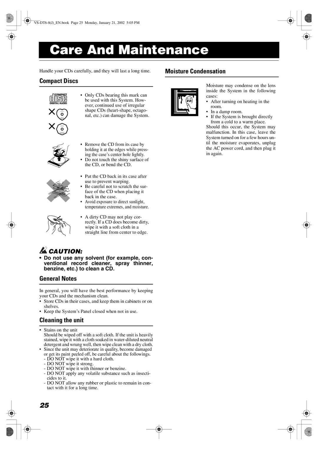 JVC SP-VSDT8, CA-VSDT8, VS-DT8 Care And Maintenance, Compact Discs, General Notes, Moisture Condensation, Cleaning the unit 