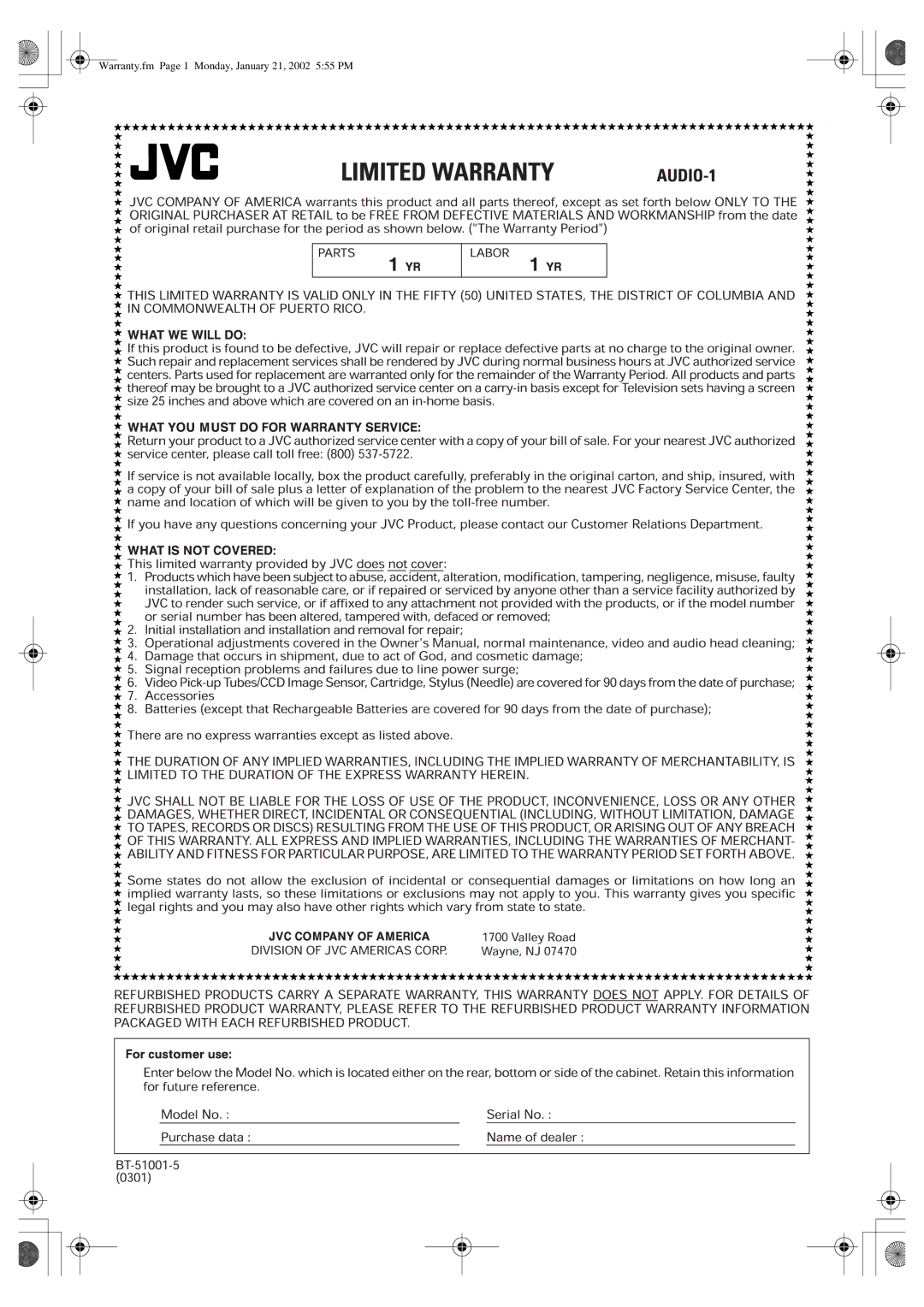 JVC CA-VSDT8, SP-VSDT8, VS-DT8 manual Warranty.fm Page 1 Monday, January 21, 2002 555 PM 