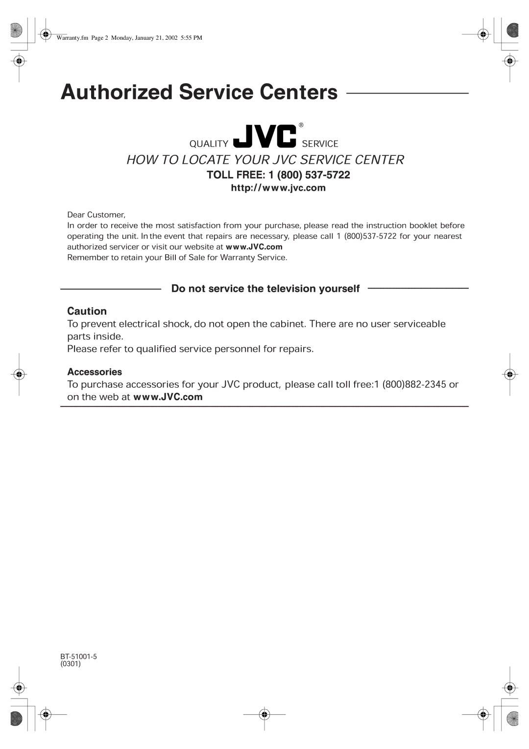 JVC SP-VSDT8, CA-VSDT8, VS-DT8 manual Warranty.fm Page 2 Monday, January 21, 2002 555 PM 