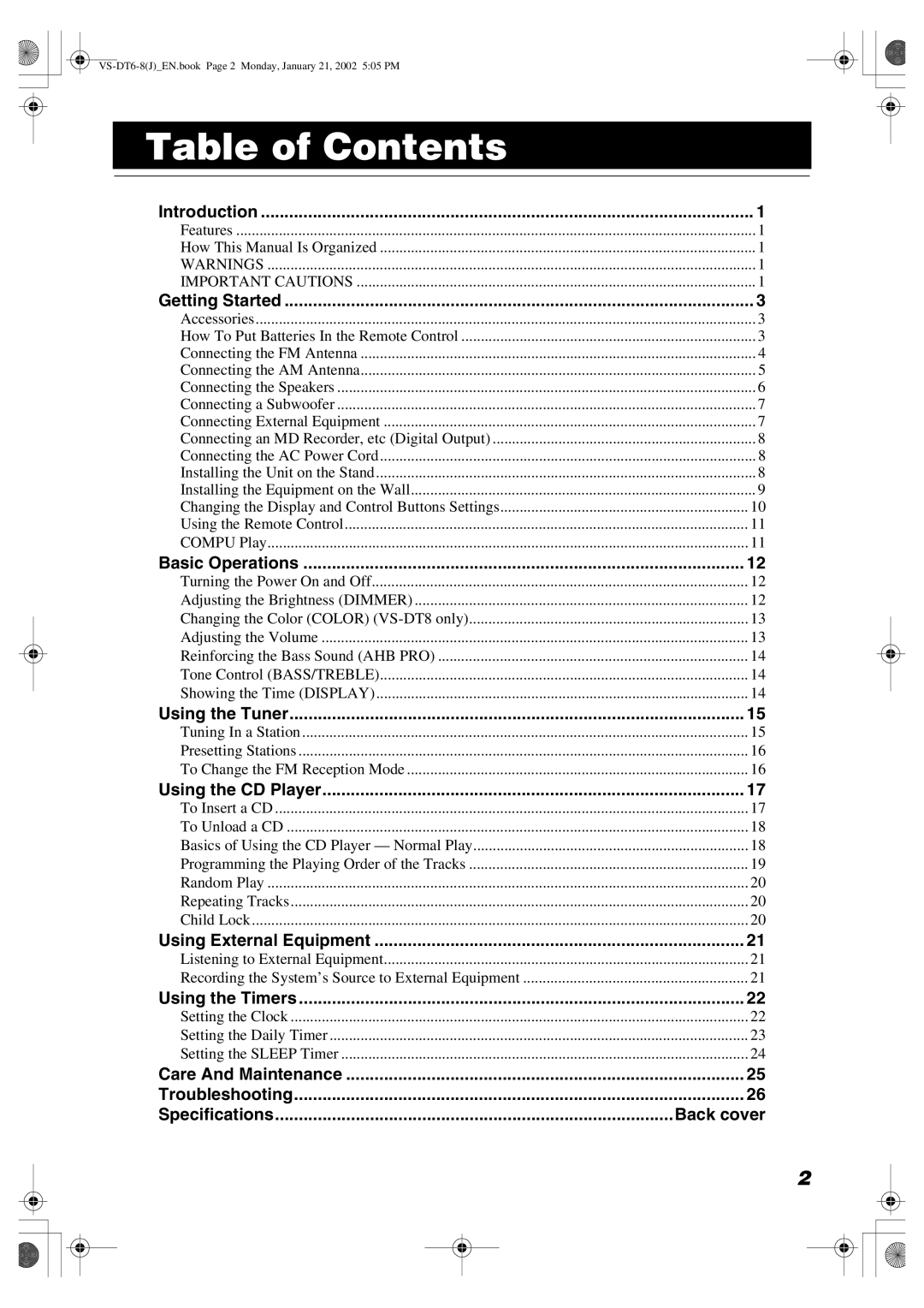 JVC VS-DT8, CA-VSDT8, SP-VSDT8 manual Table of Contents 