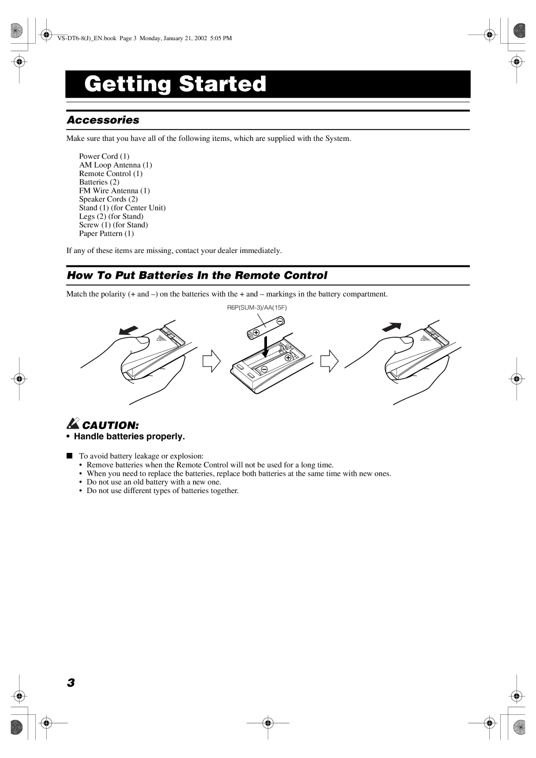 JVC CA-VSDT8, SP-VSDT8, VS-DT8 manual Getting Started, Accessories, How To Put Batteries In the Remote Control 