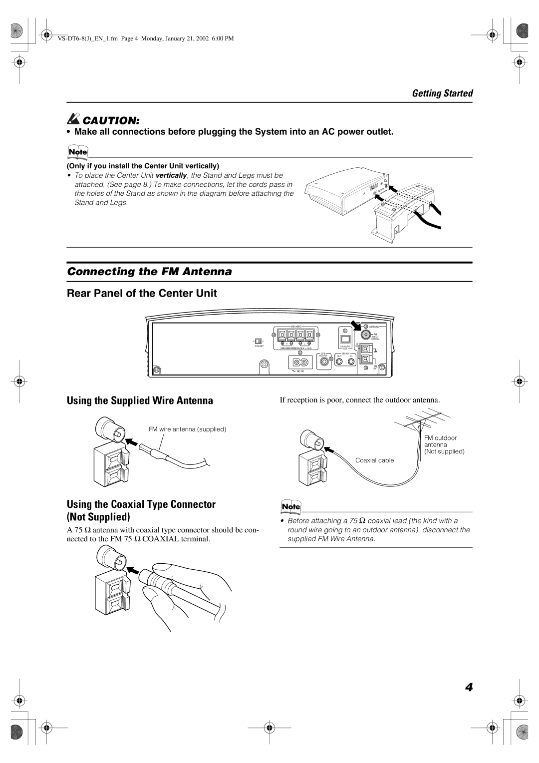 JVC SP-VSDT8 Connecting the FM Antenna, Using the Supplied Wire Antenna, Using the Coaxial Type Connector Not Supplied 