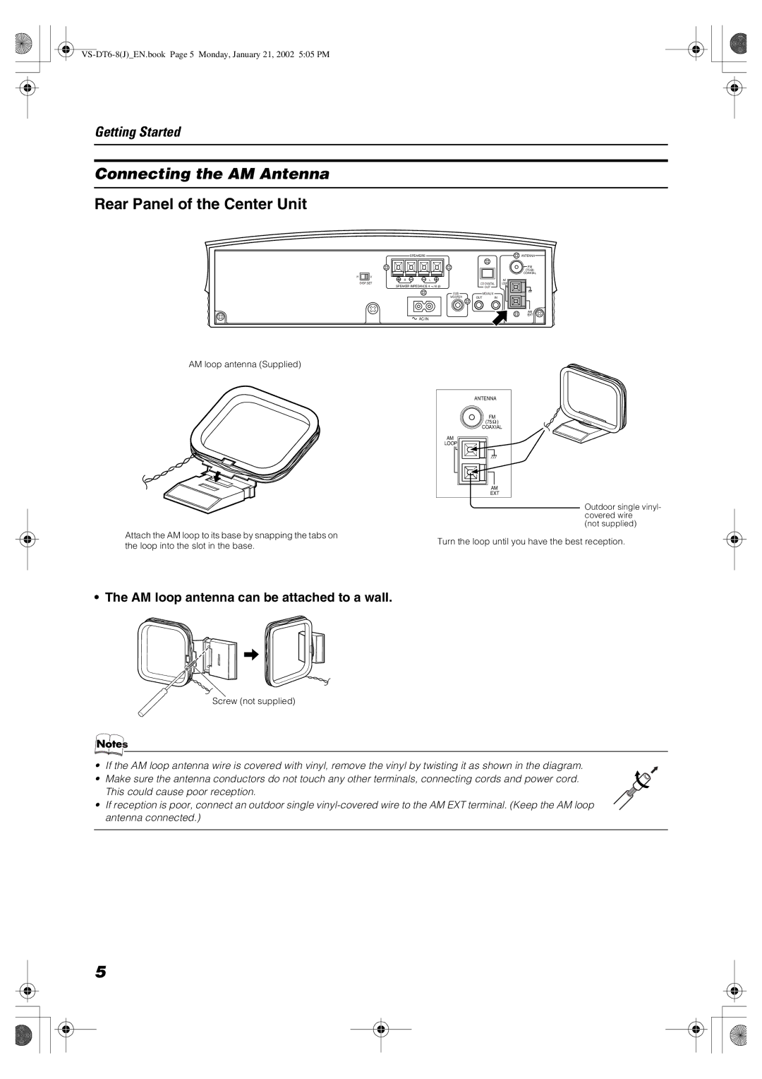 JVC VS-DT8, CA-VSDT8, SP-VSDT8 manual Connecting the AM Antenna, AM loop antenna can be attached to a wall 