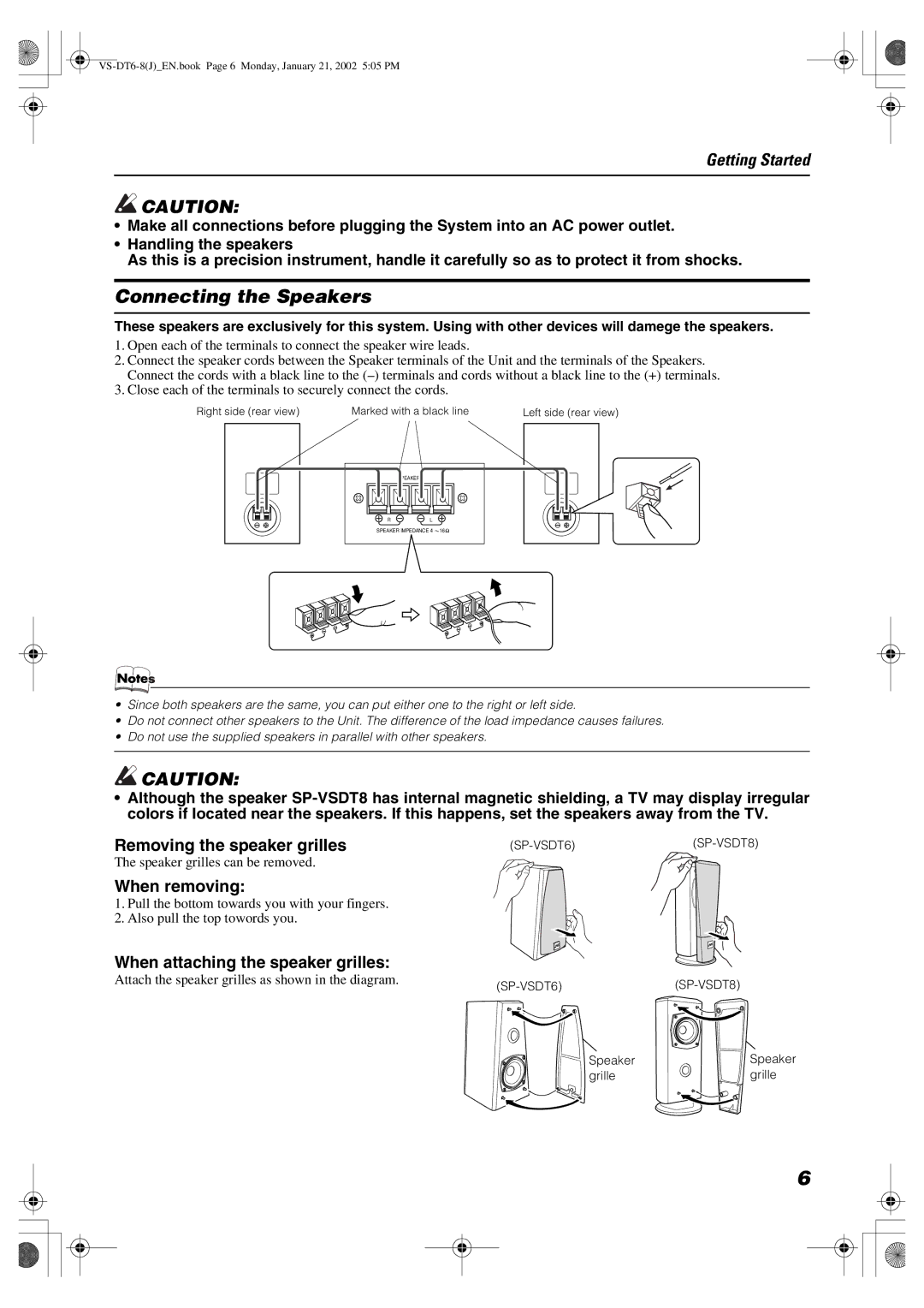 JVC CA-VSDT8 Connecting the Speakers, Removing the speaker grilles, When removing, When attaching the speaker grilles 