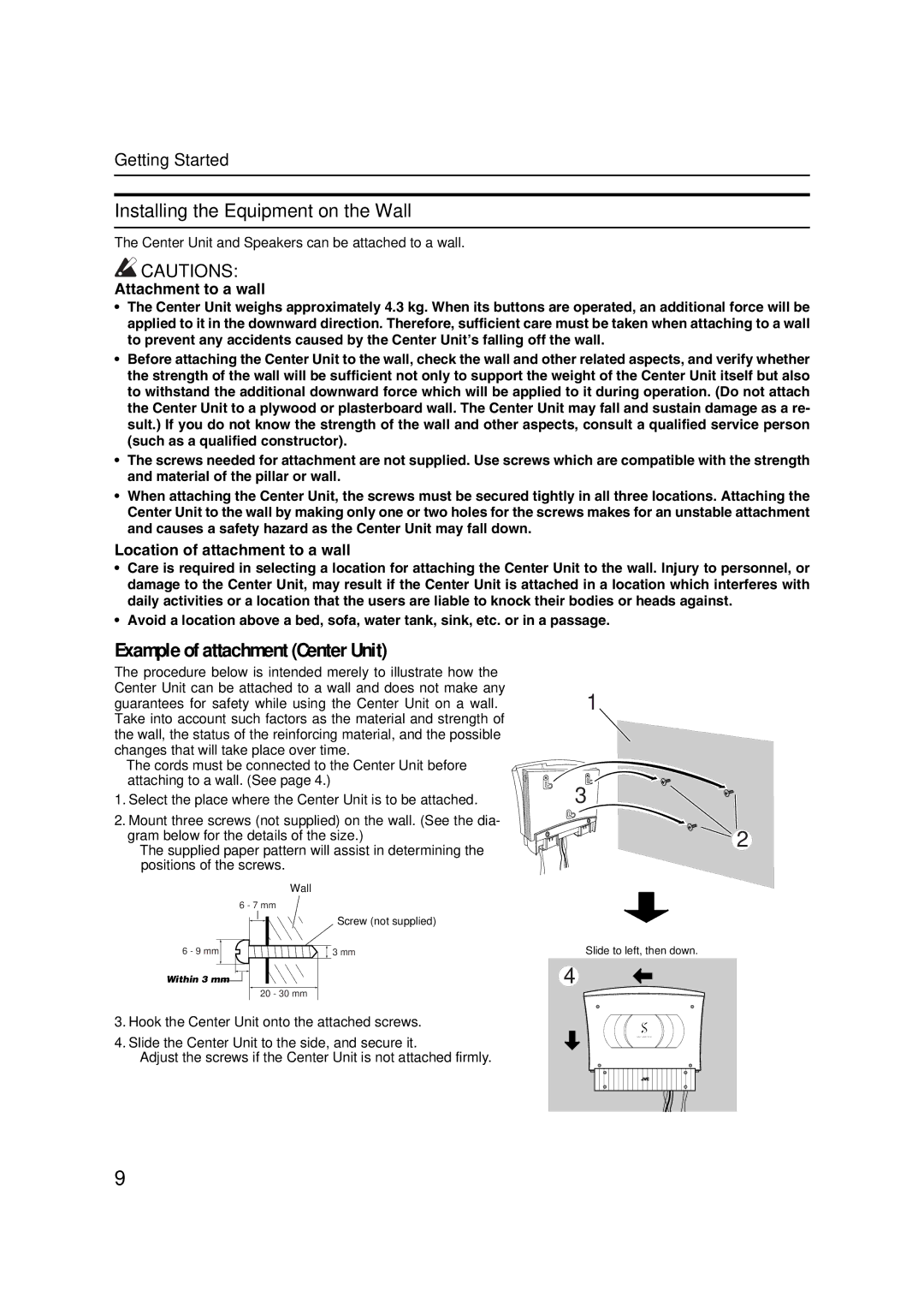 JVC CA-VSDT7R, CA-VSDT9R, CA-VSDT6R, SP-VSDT9 manual Installing the Equipment on the Wall, Example of attachment Center Unit 