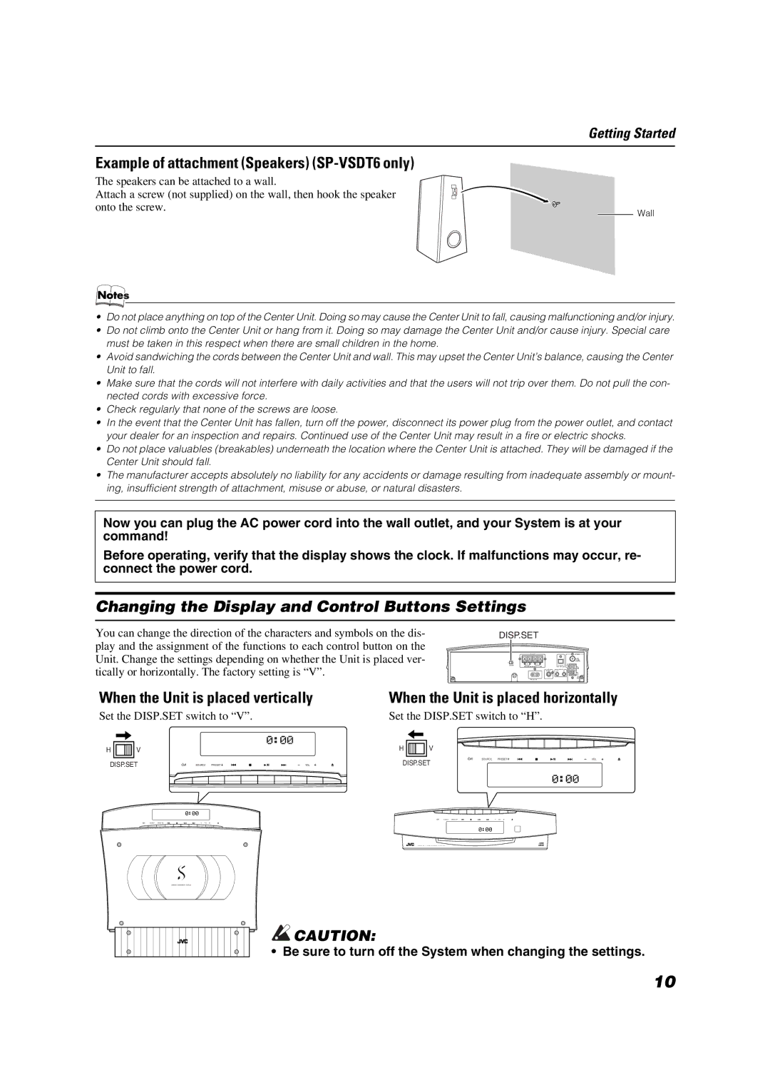 JVC SP-VSDT9, CA-VSDT9R Example of attachment Speakers SP-VSDT6 only, Changing the Display and Control Buttons Settings 