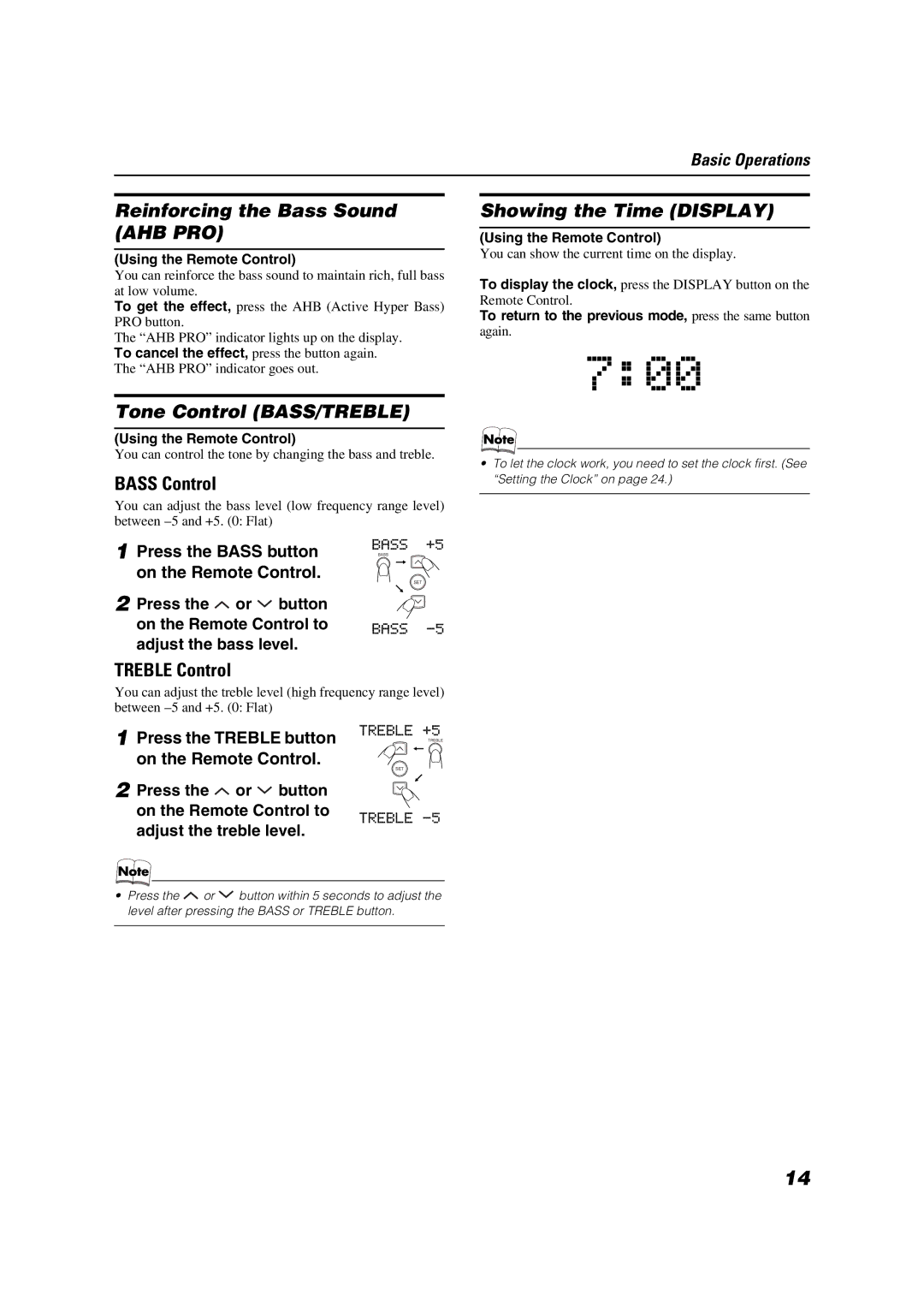 JVC CA-VSDT7R manual Reinforcing the Bass Sound AHB PRO, Showing the Time Display, Tone Control BASS/TREBLE, Bass Control 
