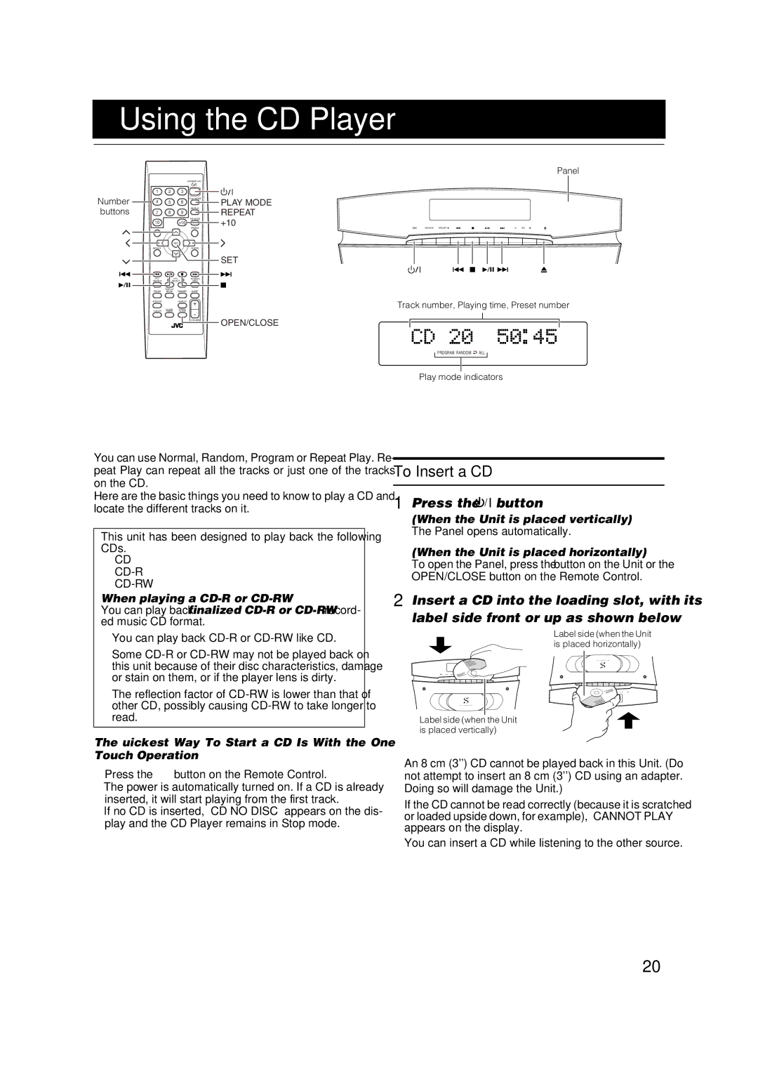 JVC SP-VSDT9, CA-VSDT9R, CA-VSDT6R, CA-VSDT7R, SP-VSDT6 manual Using the CD Player, To Insert a CD, Press the % button 