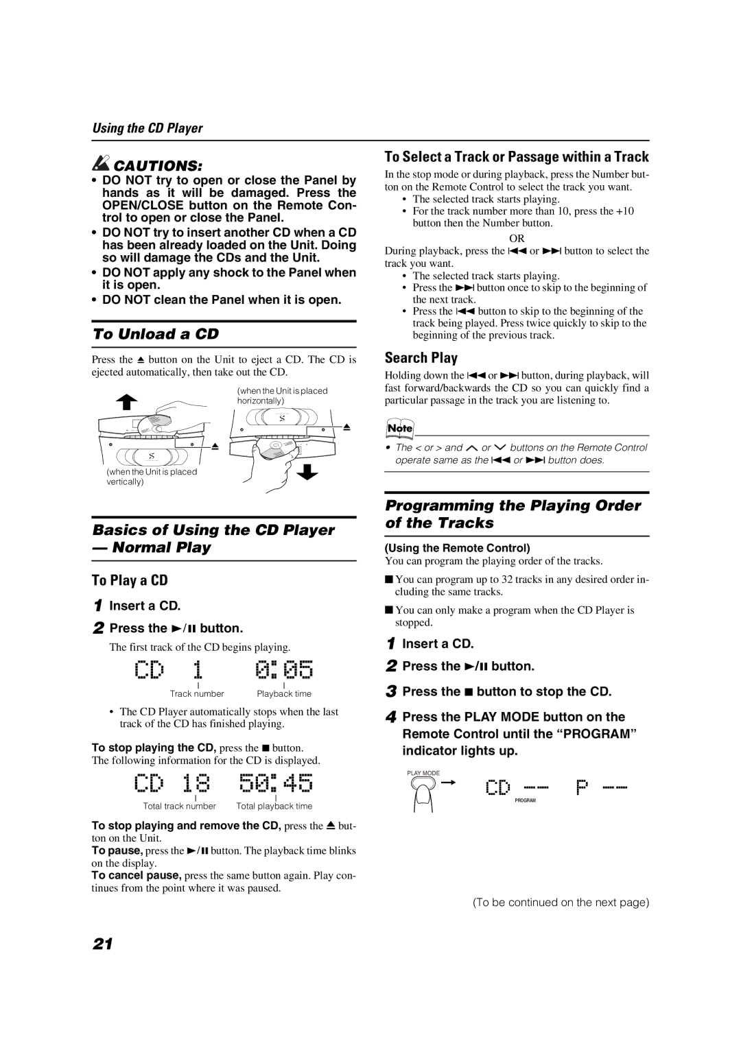 JVC SP-VSDT6, CA-VSDT9R, CA-VSDT6R To Unload a CD, Basics of Using the CD Player Normal Play, To Play a CD, Search Play 