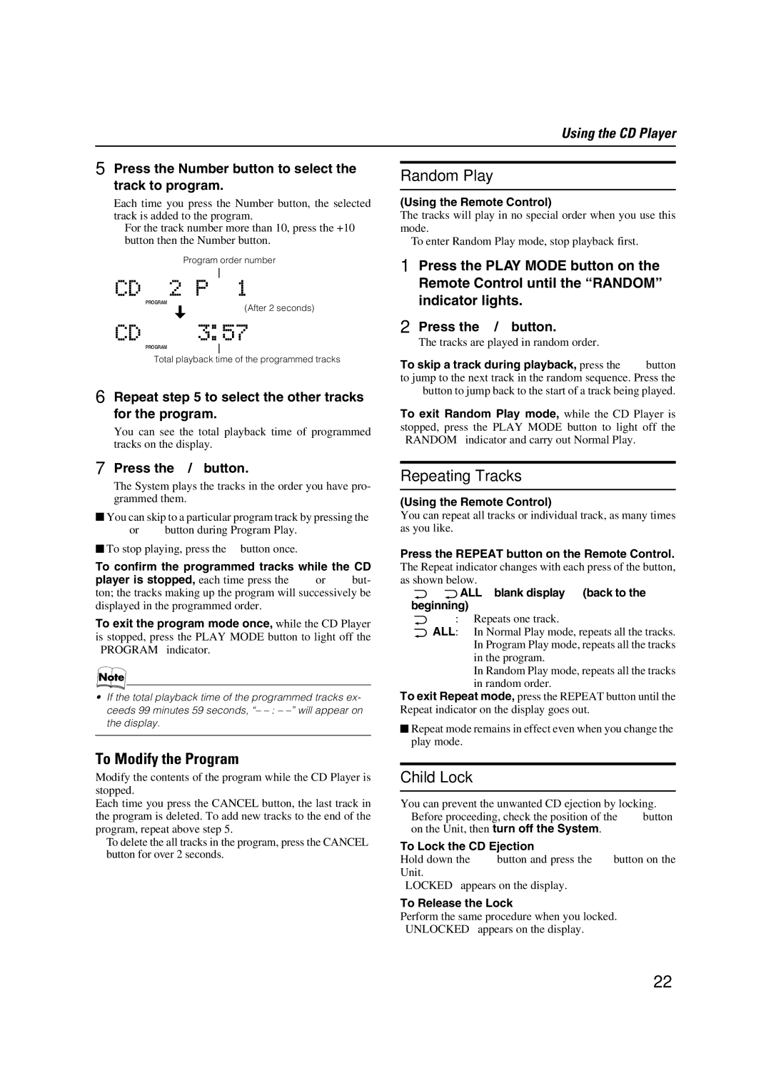 JVC CA-VSDT9R, CA-VSDT6R, CA-VSDT7R, SP-VSDT9, SP-VSDT6 manual To Modify the Program, Random Play, Repeating Tracks, Child Lock 