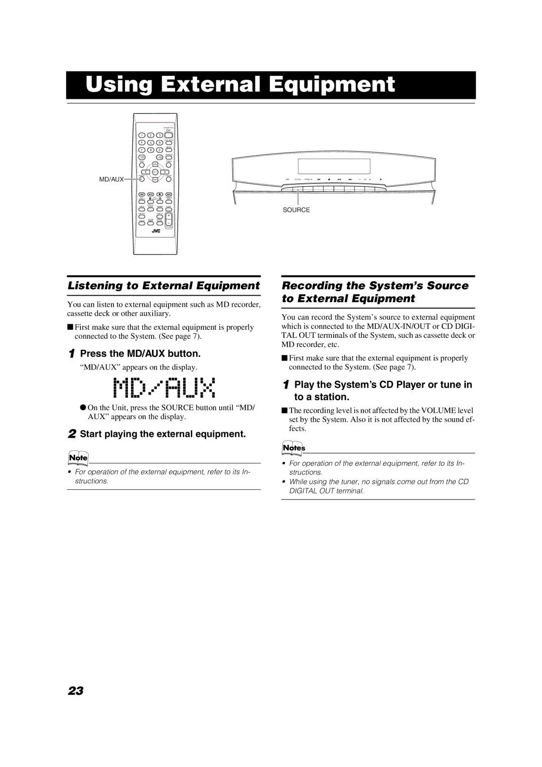 JVC CA-VSDT6R, CA-VSDT9R, CA-VSDT7R, SP-VSDT9, SP-VSDT6 manual Using External Equipment, Listening to External Equipment 