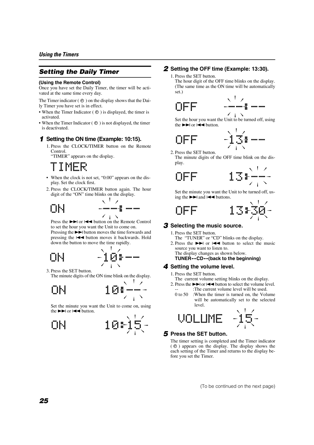 JVC SP-VSDT9 Setting the Daily Timer, Setting the on time Example, Setting the OFF time Example, Setting the volume level 