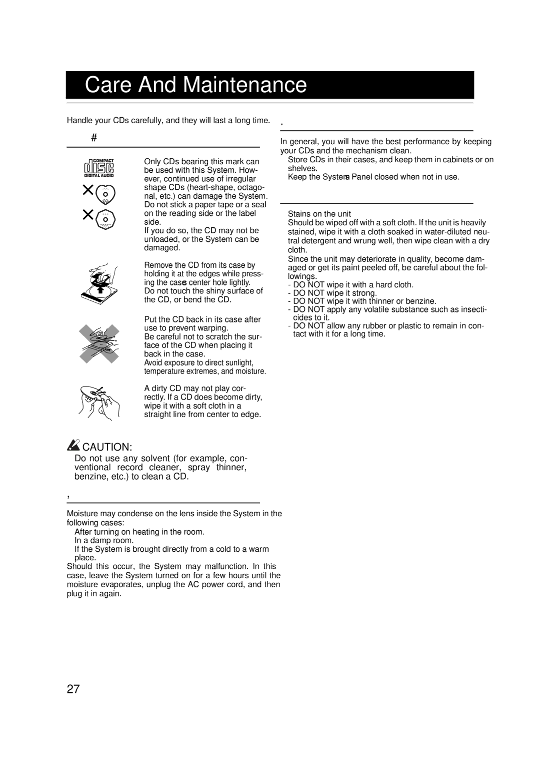 JVC CA-VSDT9R, CA-VSDT6R manual Care And Maintenance, Compact Discs, Moisture Condensation, General Notes, Cleaning the unit 