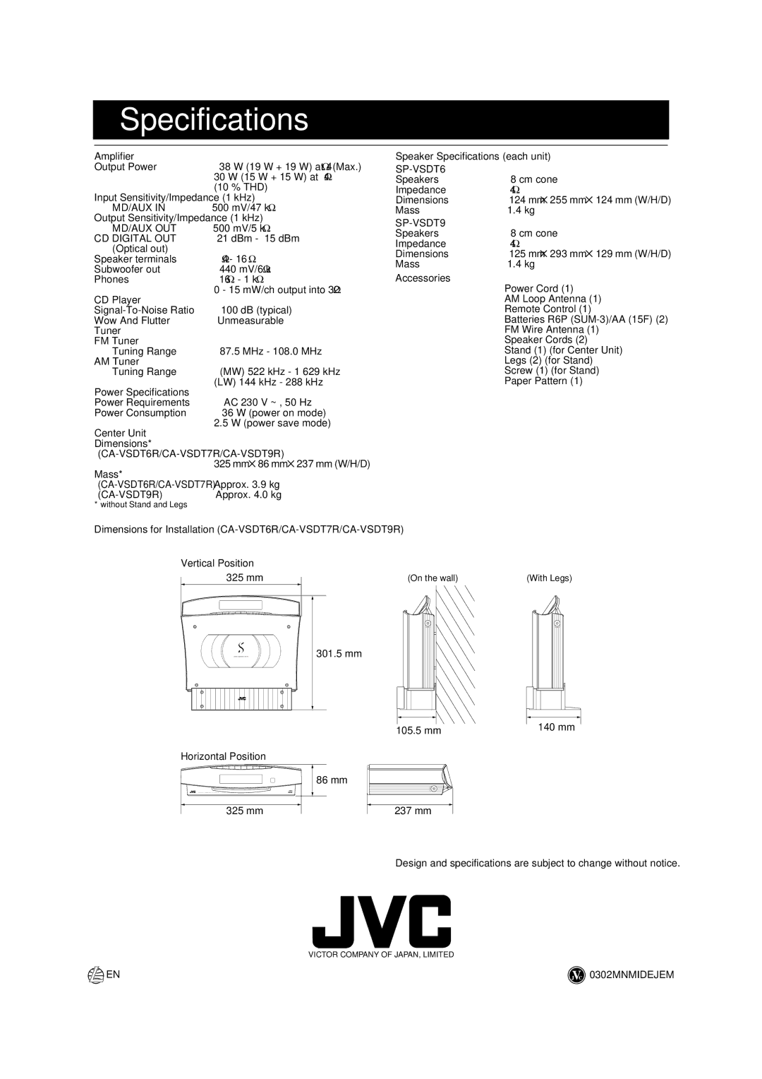 JVC CA-VSDT7R, CA-VSDT9R, CA-VSDT6R, SP-VSDT9, SP-VSDT6 manual Specifications, Amplifier 