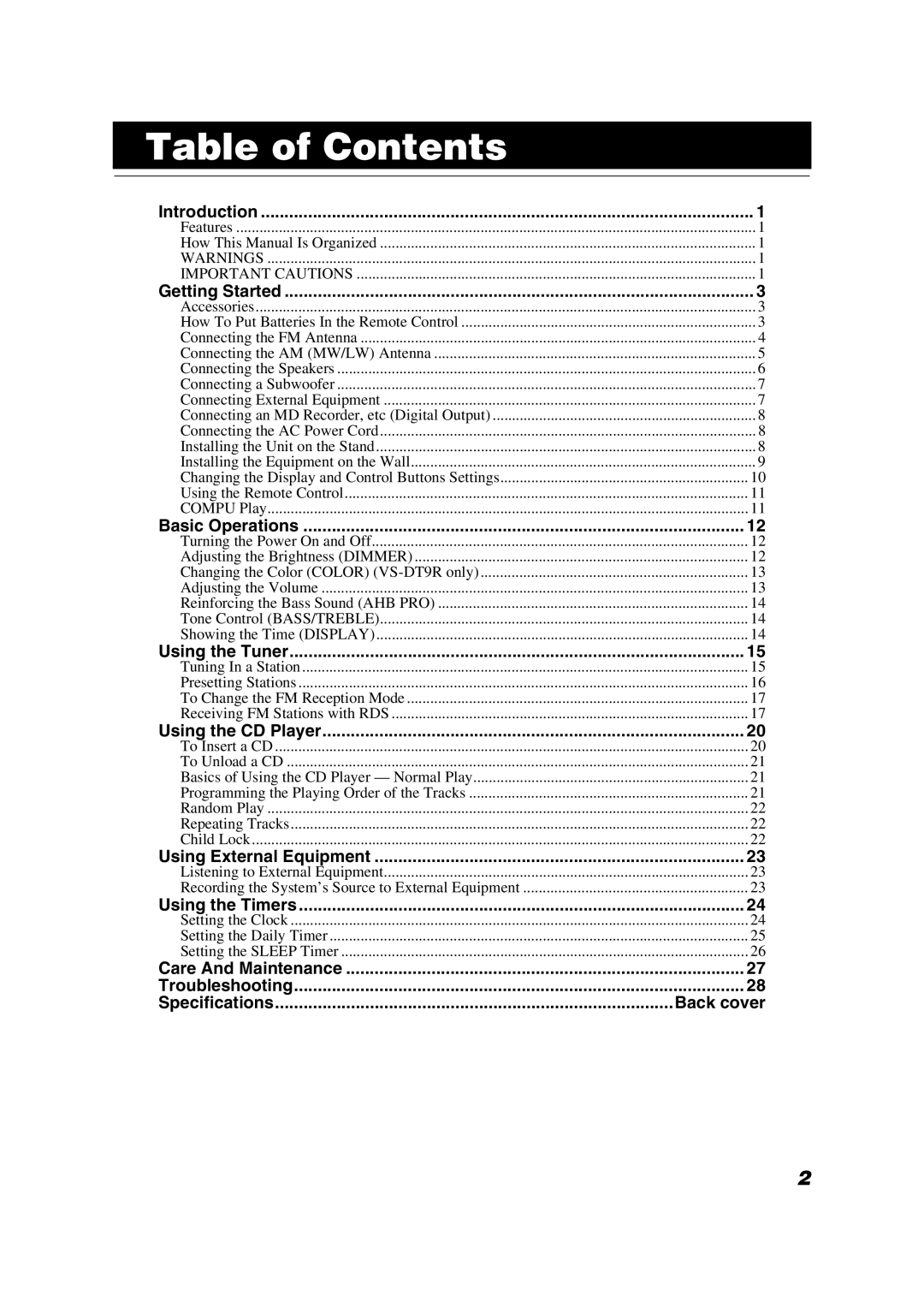 JVC CA-VSDT9R, CA-VSDT6R, CA-VSDT7R, SP-VSDT9, SP-VSDT6 manual Table of Contents 