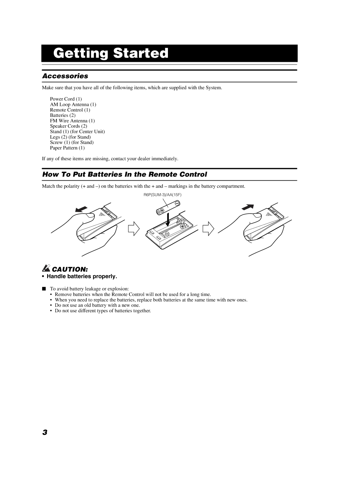 JVC CA-VSDT6R, CA-VSDT9R, CA-VSDT7R, SP-VSDT9 manual Getting Started, Accessories, How To Put Batteries In the Remote Control 