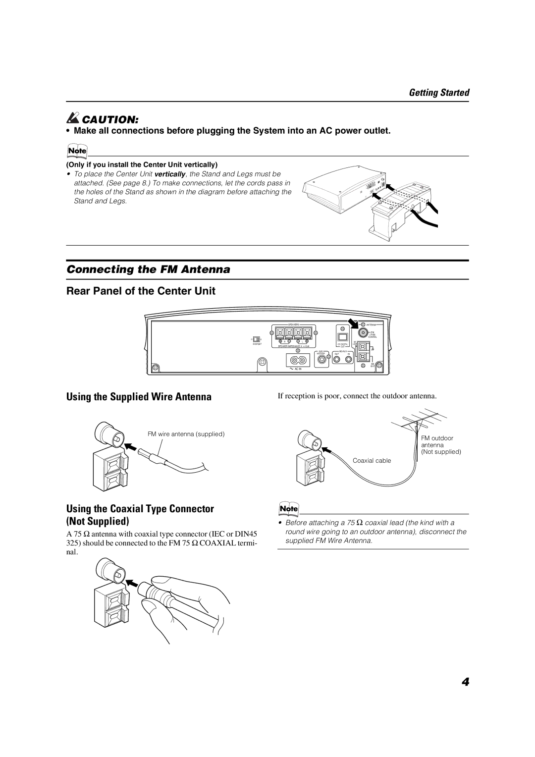 JVC CA-VSDT7R Connecting the FM Antenna, Using the Supplied Wire Antenna, Using the Coaxial Type Connector Not Supplied 