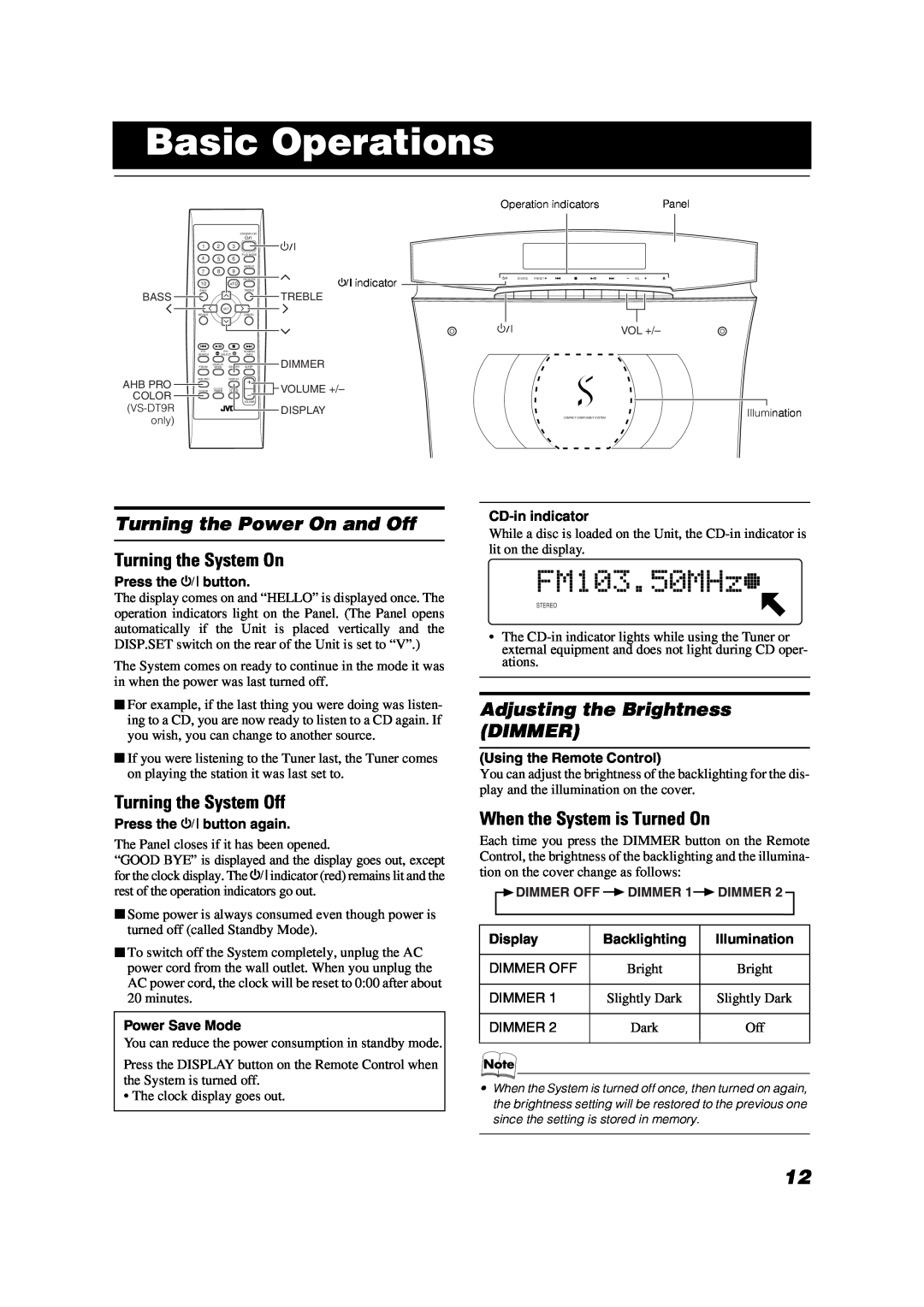 JVC CA-VSDT9R manual Basic Operations, Turning the Power On and Off, Turning the System On, Turning the System Off, Display 