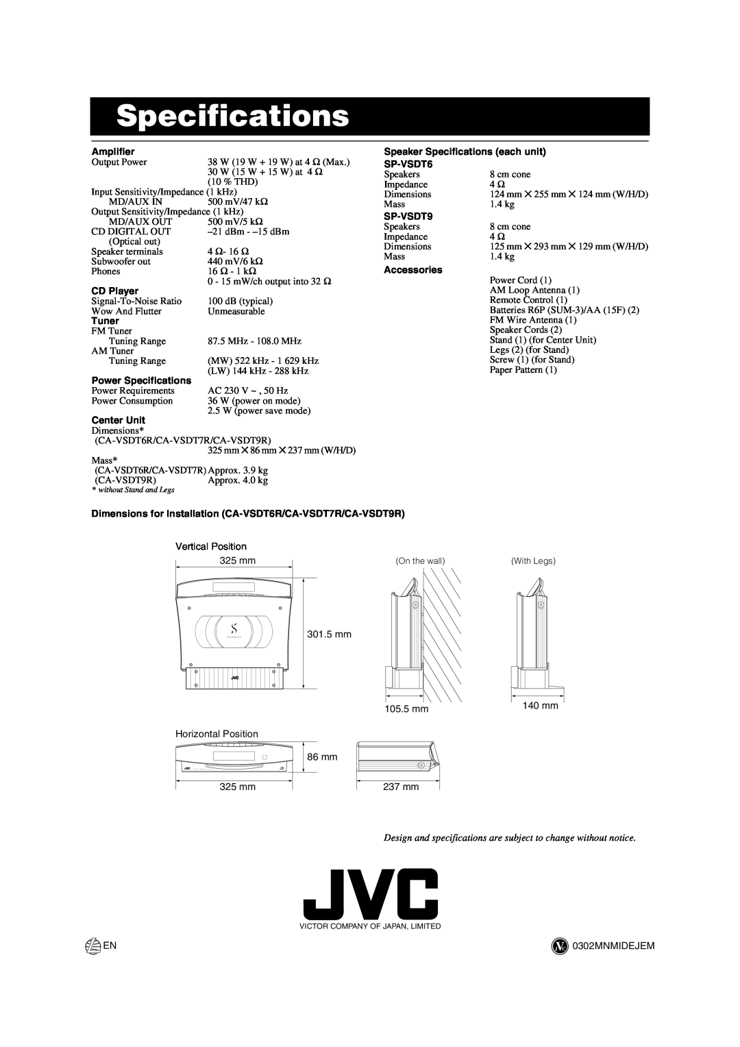 JVC CA-VSDT7R, CA-VSDT9R, CA-VSDT6R, SP-VSDT9, SP-VSDT6 manual Specifications 