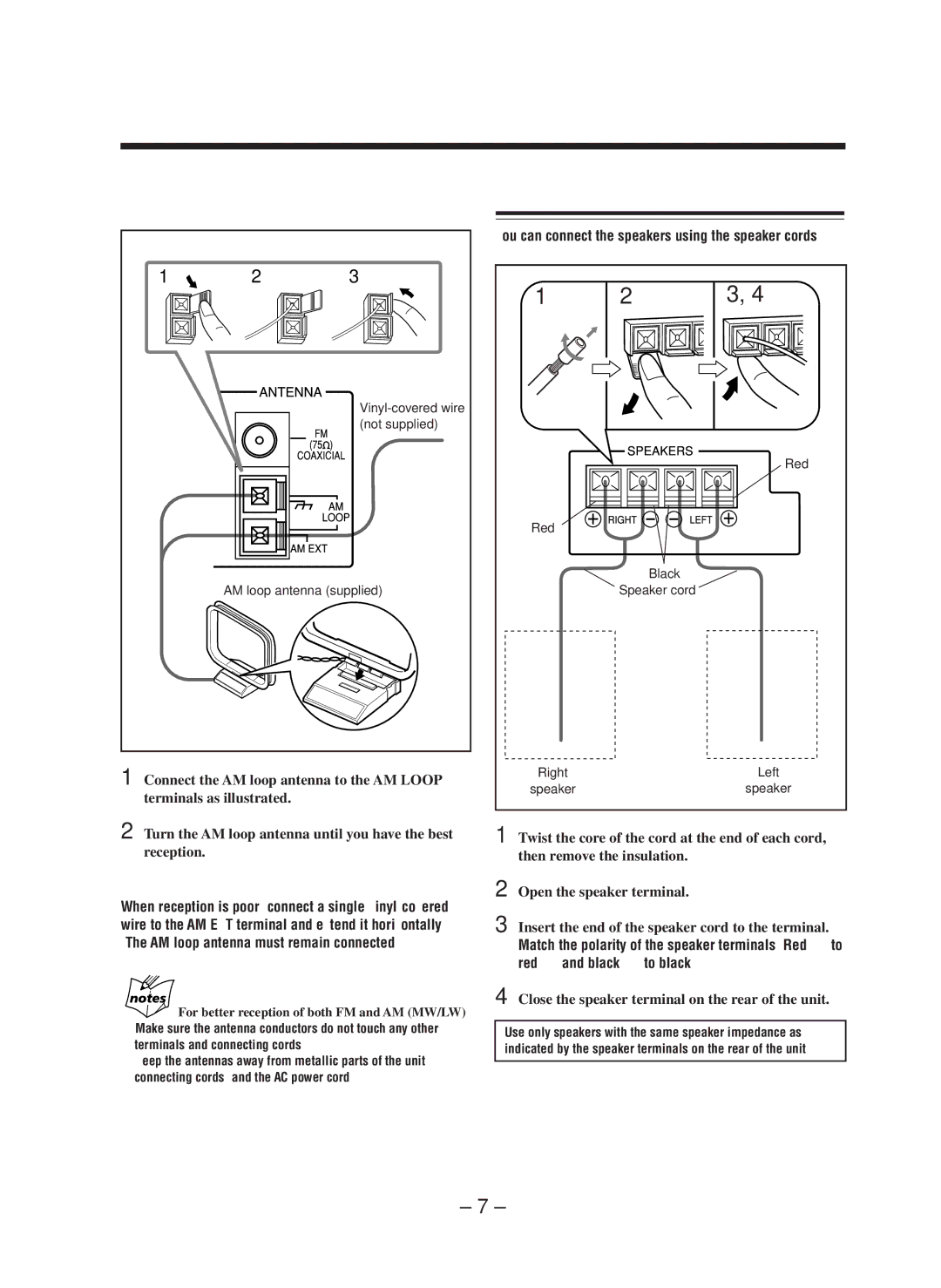 JVC CA-WMD90R Connecting Speakers, To connect an outdoor AM antenna, For better reception of both FM and AM MW/LW 