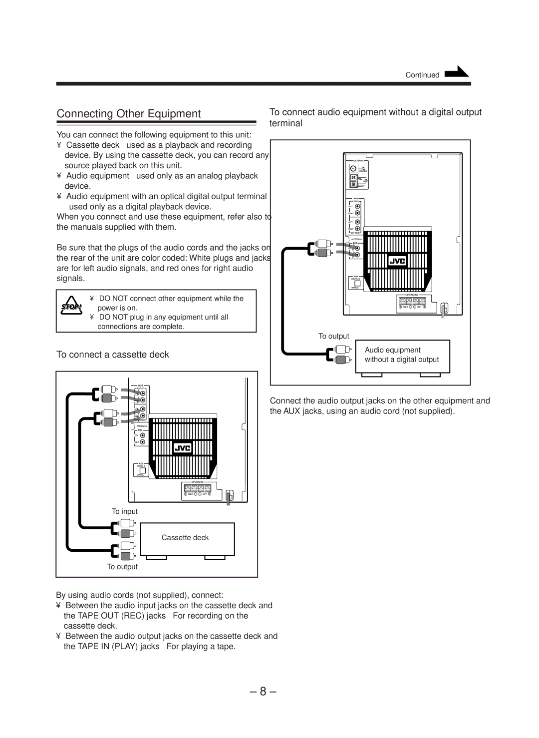 JVC CA-WMD90R manual Connecting Other Equipment, To connect a cassette deck 