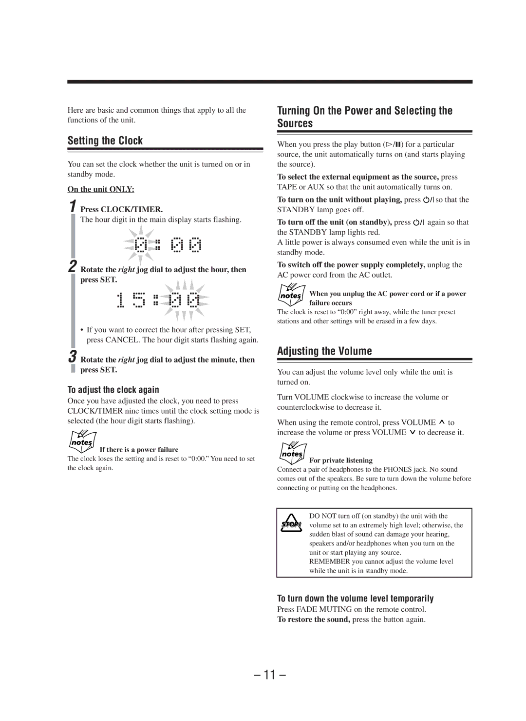 JVC CA-WMD90R manual Setting the Clock, Turning On the Power and Selecting the Sources, Adjusting the Volume 