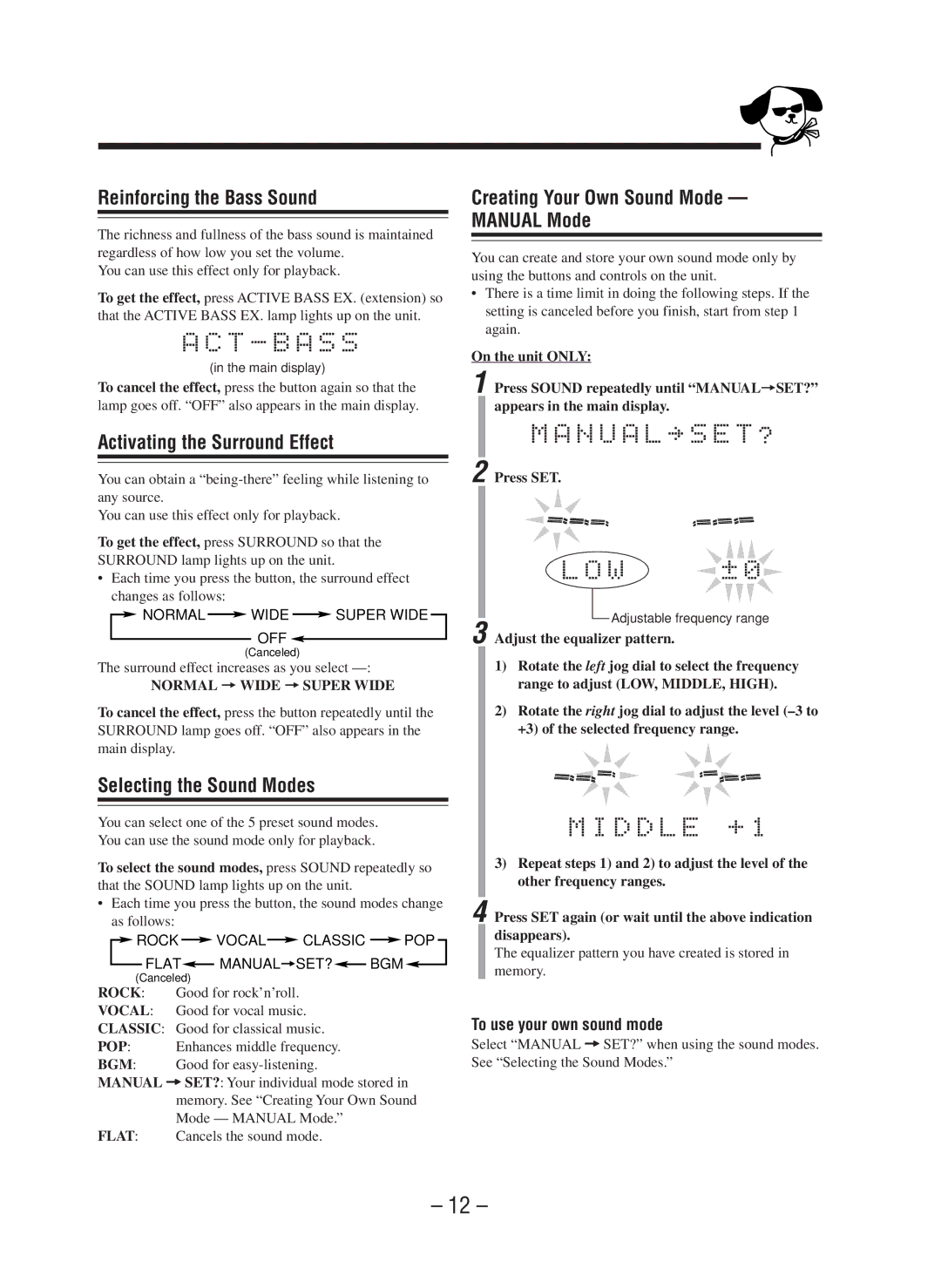 JVC CA-WMD90R manual Reinforcing the Bass Sound, Activating the Surround Effect, Selecting the Sound Modes 