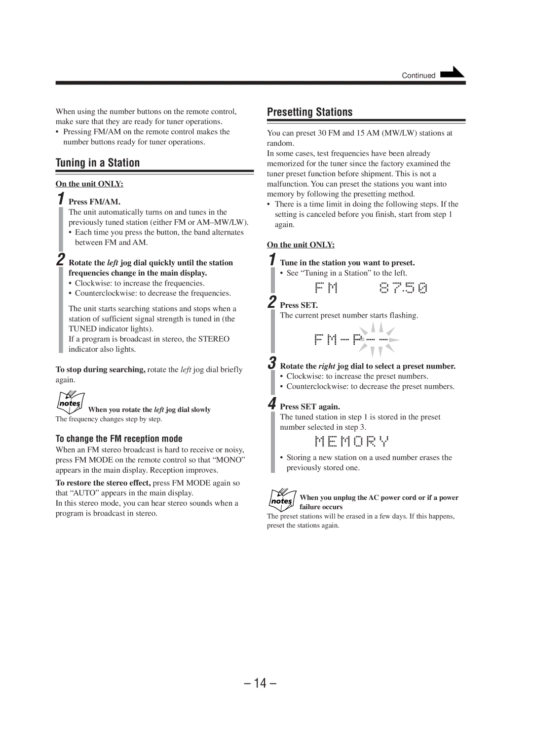 JVC CA-WMD90R manual Tuning in a Station, Presetting Stations, To change the FM reception mode 