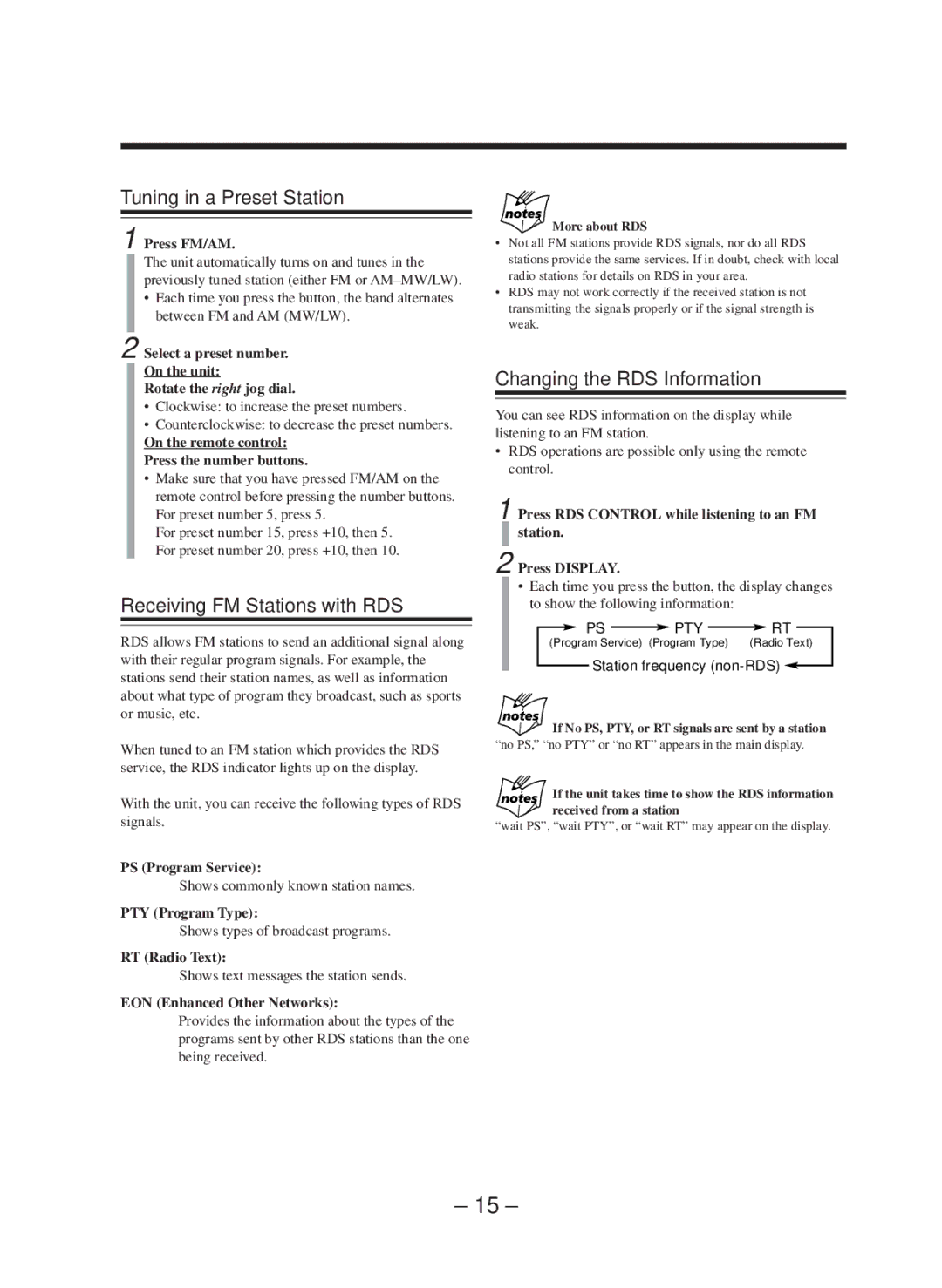 JVC CA-WMD90R manual Tuning in a Preset Station, Receiving FM Stations with RDS, Changing the RDS Information 