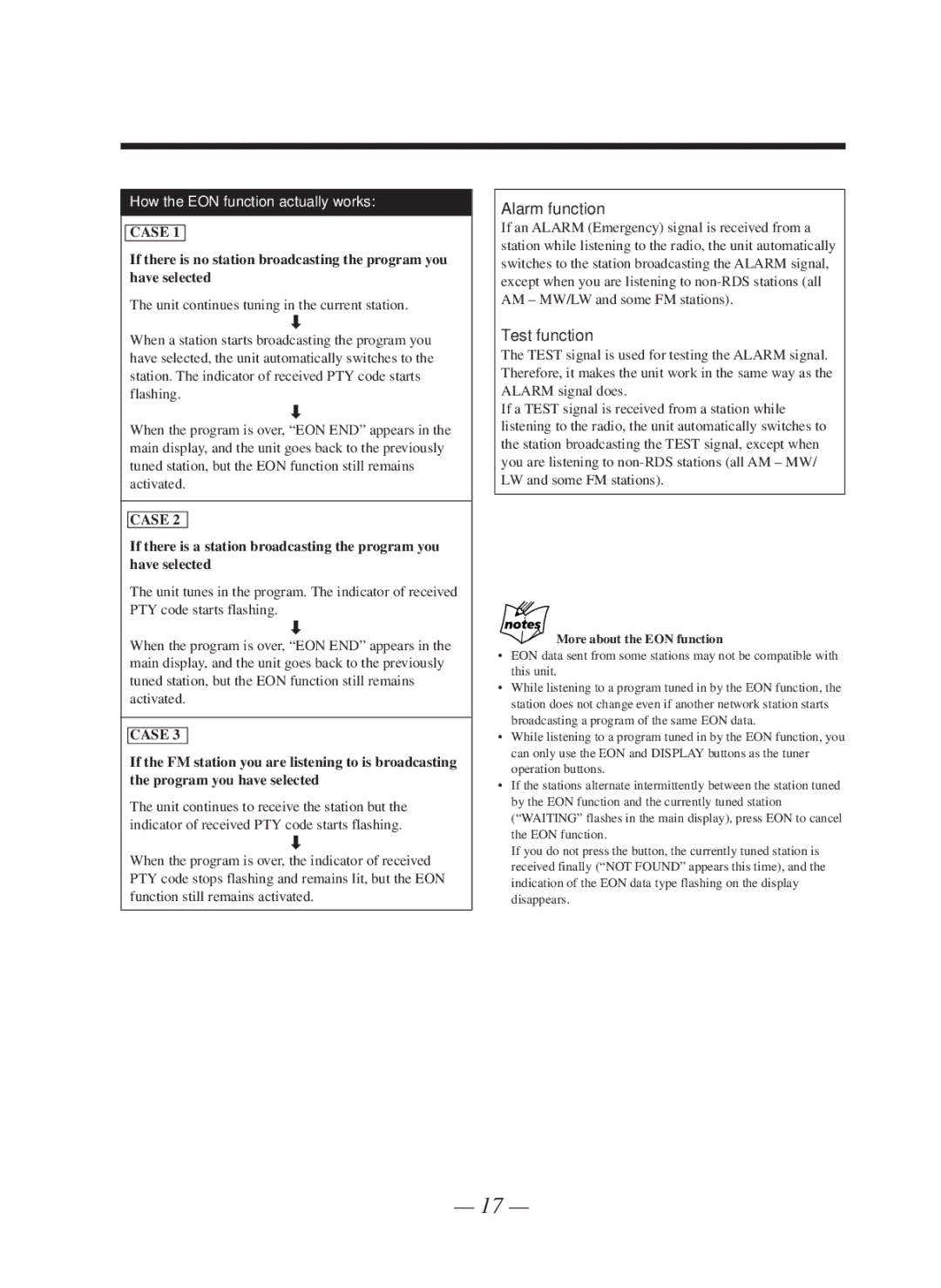 JVC CA-WMD90R manual Alarm function, Test function, More about the EON function 