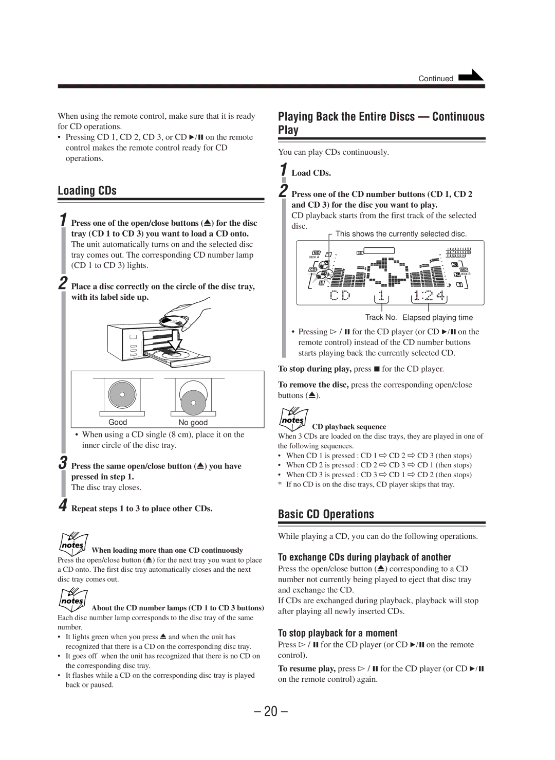 JVC CA-WMD90R manual Loading CDs, Playing Back the Entire Discs Continuous Play, Basic CD Operations 