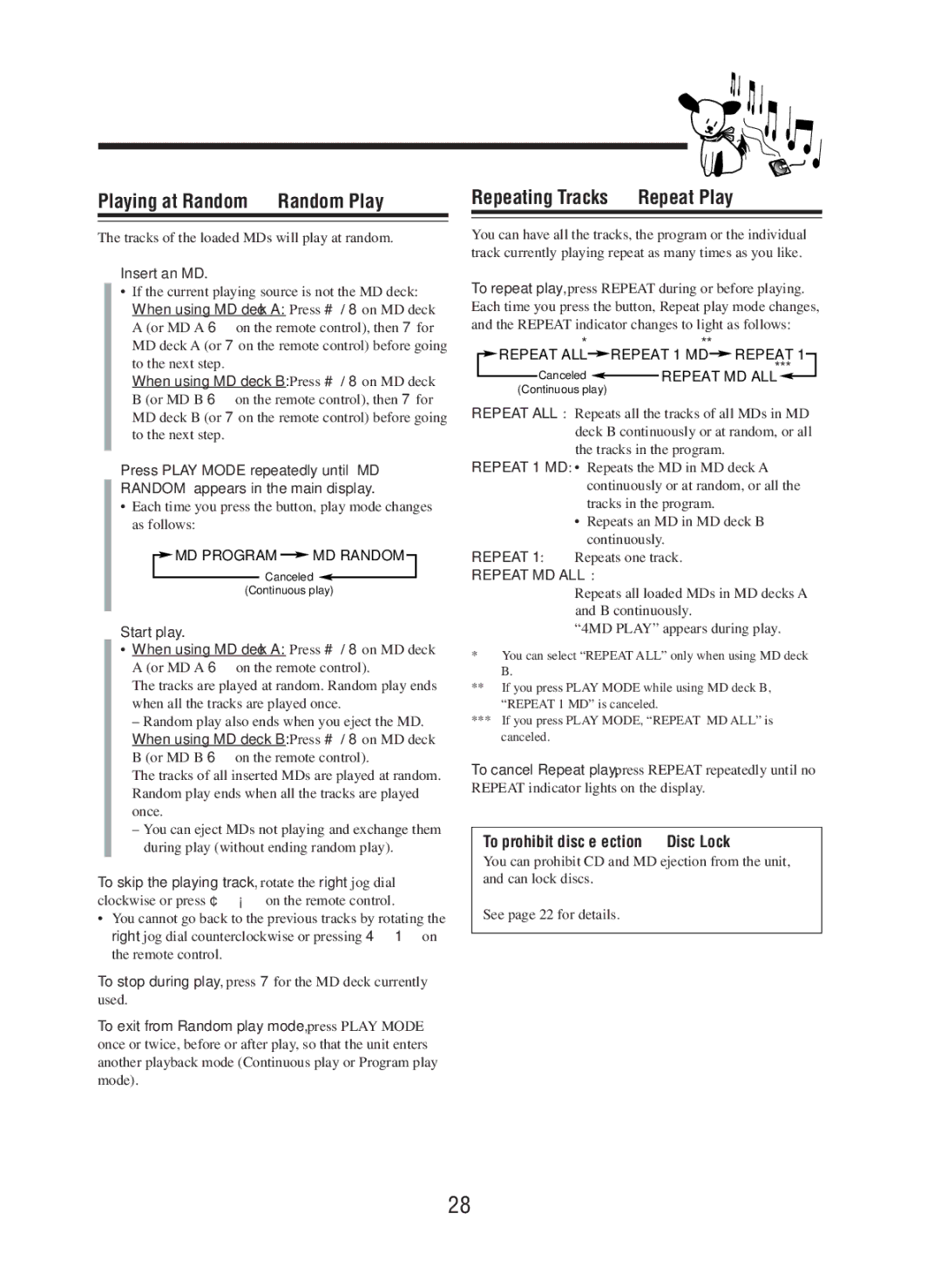 JVC CA-WMD90R manual Repeating Tracks Repeat Play, To prohibit disc ejection Disc Lock 