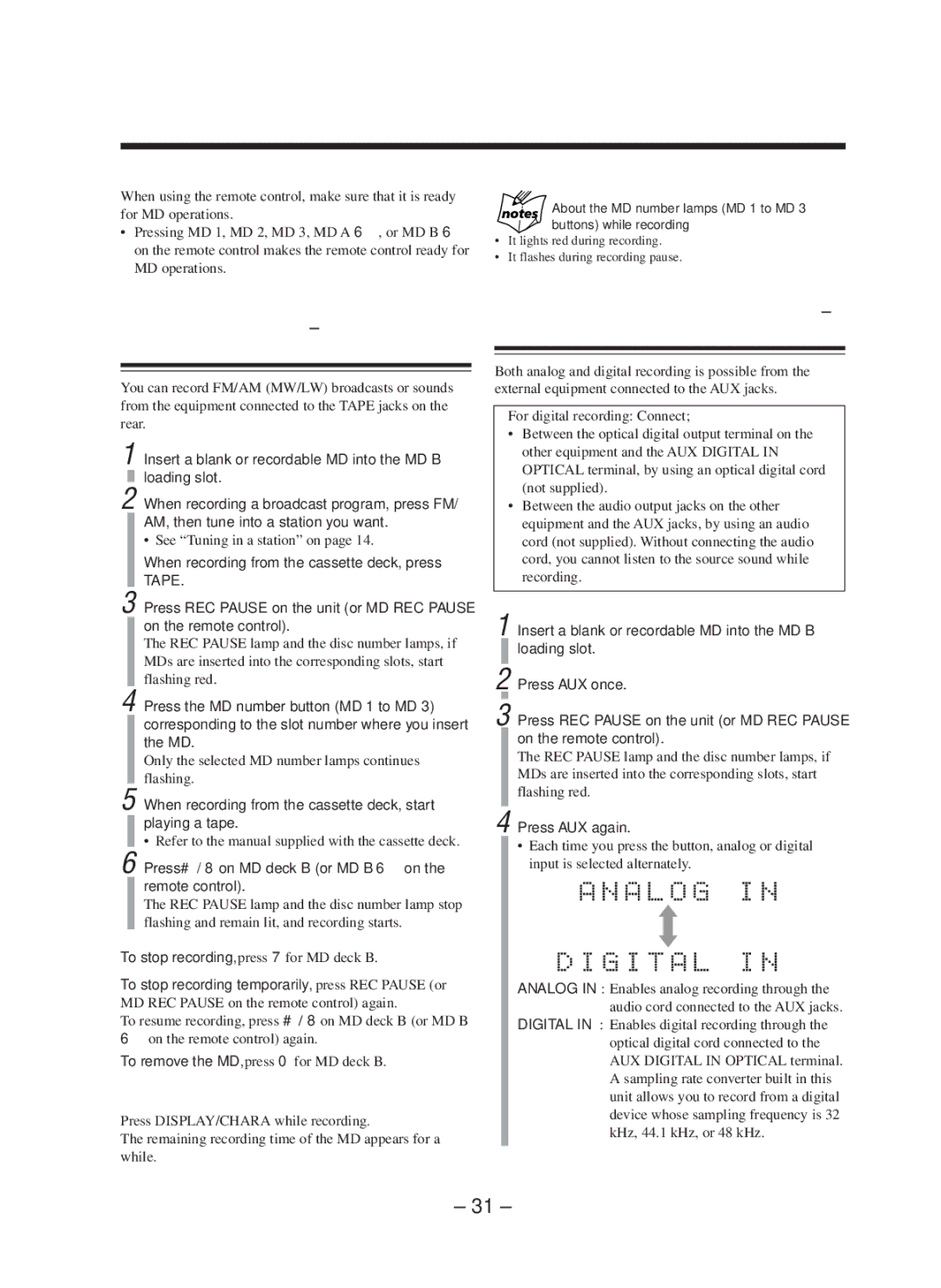 JVC CA-WMD90R manual Recording the External AUX Equipment AUX Recording, To check the remaining time, Press AUX again 