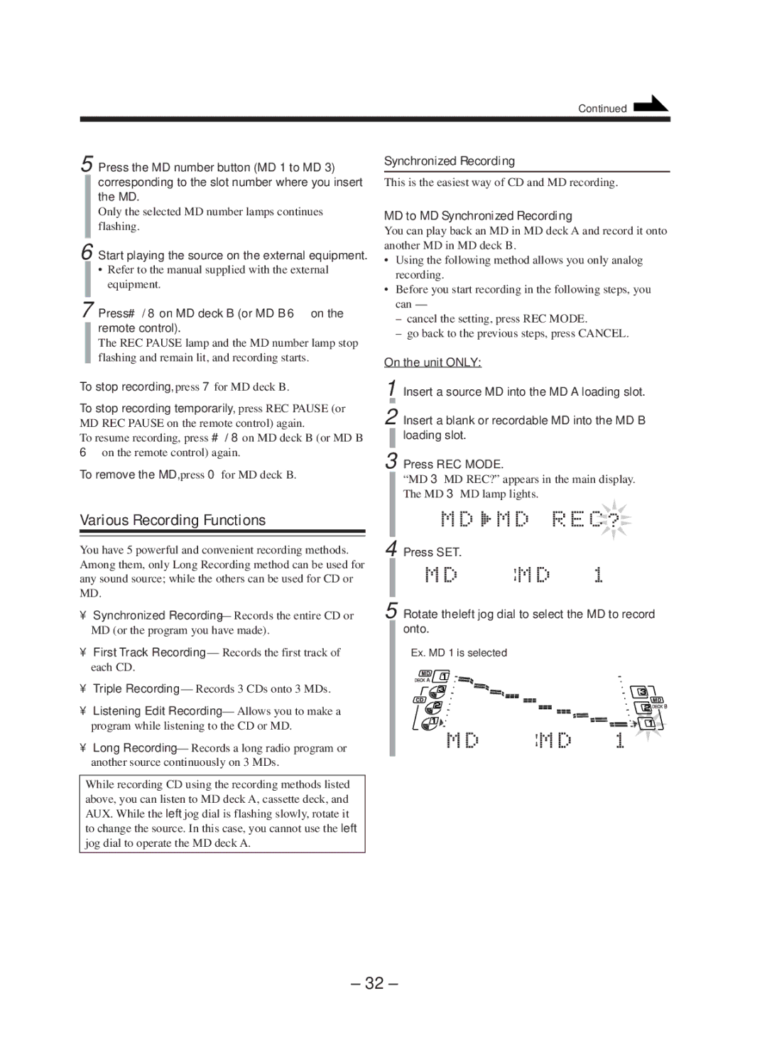 JVC CA-WMD90R manual Various Recording Functions, MD to MD Synchronized Recording 