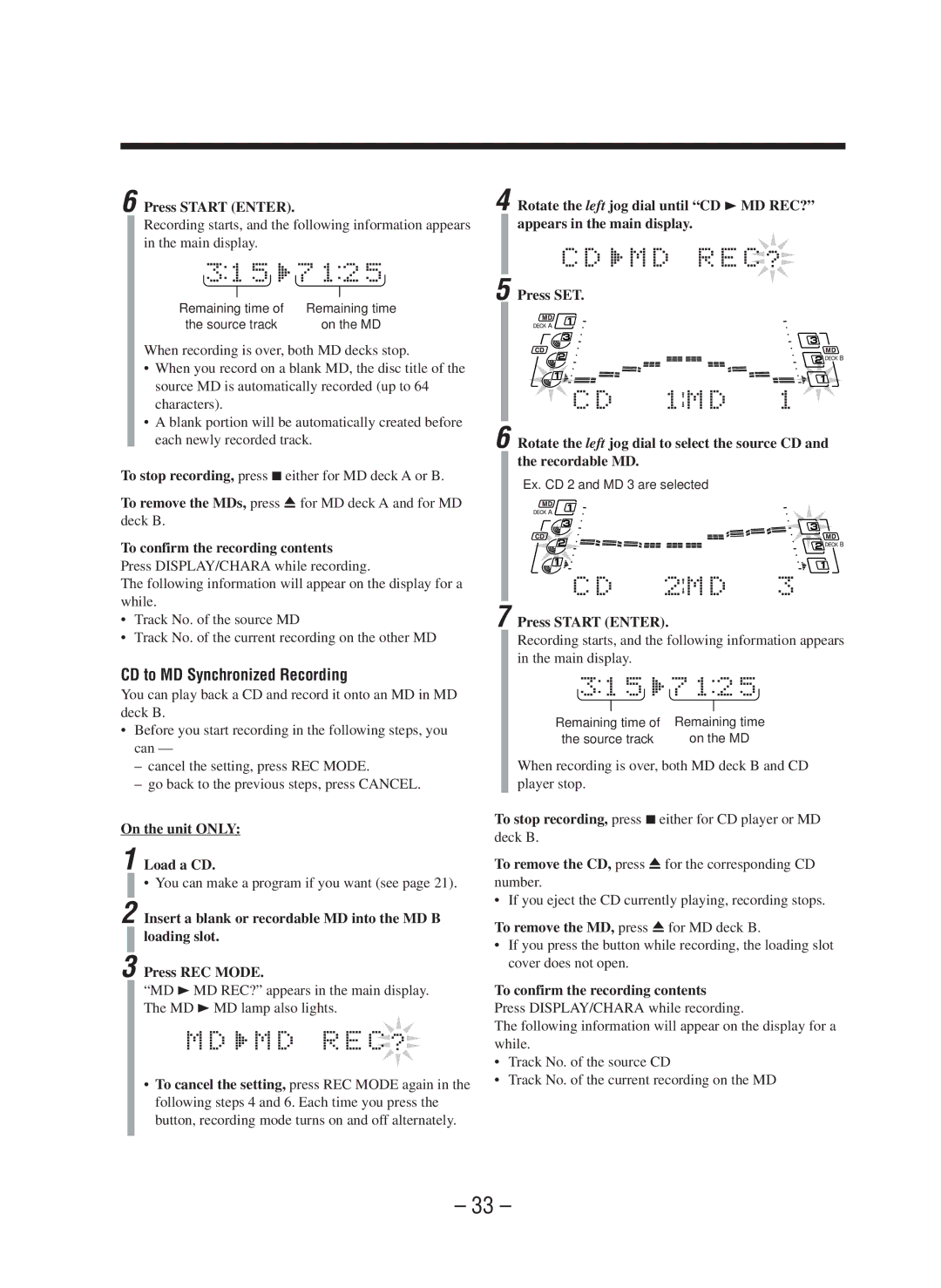 JVC CA-WMD90R manual CD to MD Synchronized Recording, Press Start Enter, To confirm the recording contents 