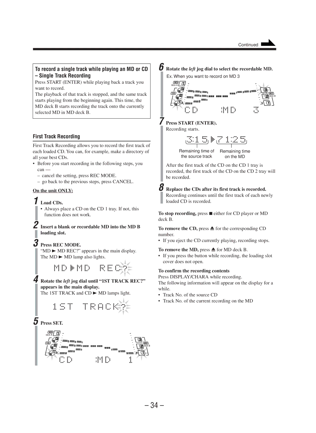 JVC CA-WMD90R manual Single Track Recording, First Track Recording, On the unit only Load CDs 