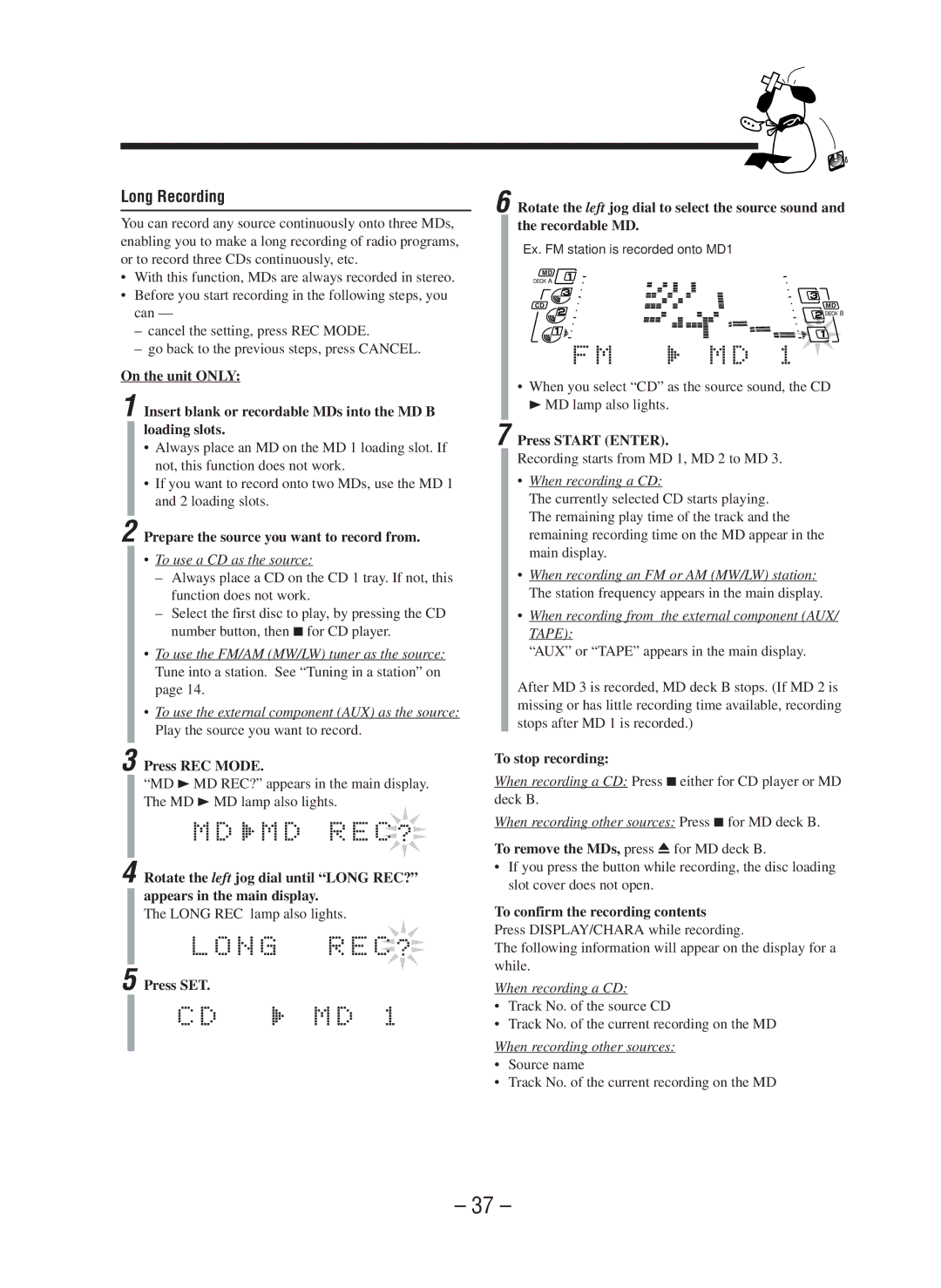 JVC CA-WMD90R manual Long Recording, Prepare the source you want to record from, Long REC lamp also lights 