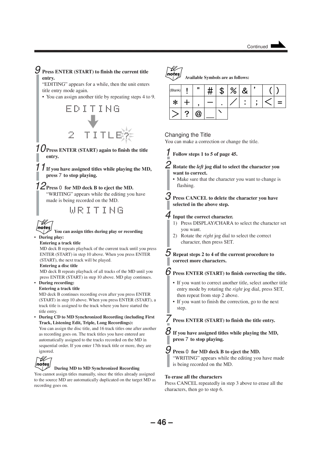 JVC CA-WMD90R manual Changing the Title, Press Enter Start to finish the current title entry, To erase all the characters 