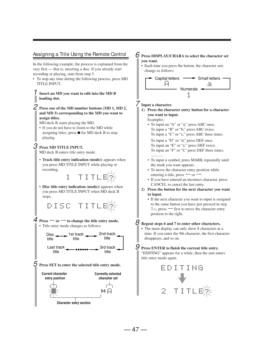 JVC CA-WMD90R manual Press MD Title Input, Track title entry indication mode appears when 