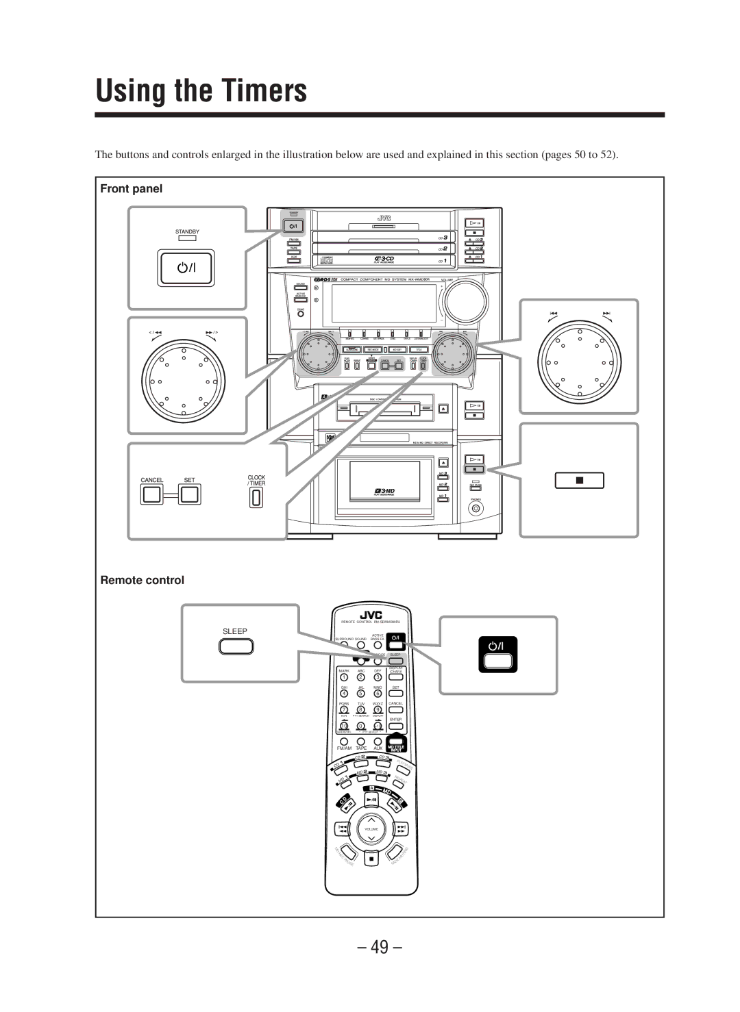 JVC CA-WMD90R manual Using the Timers, Sleep 