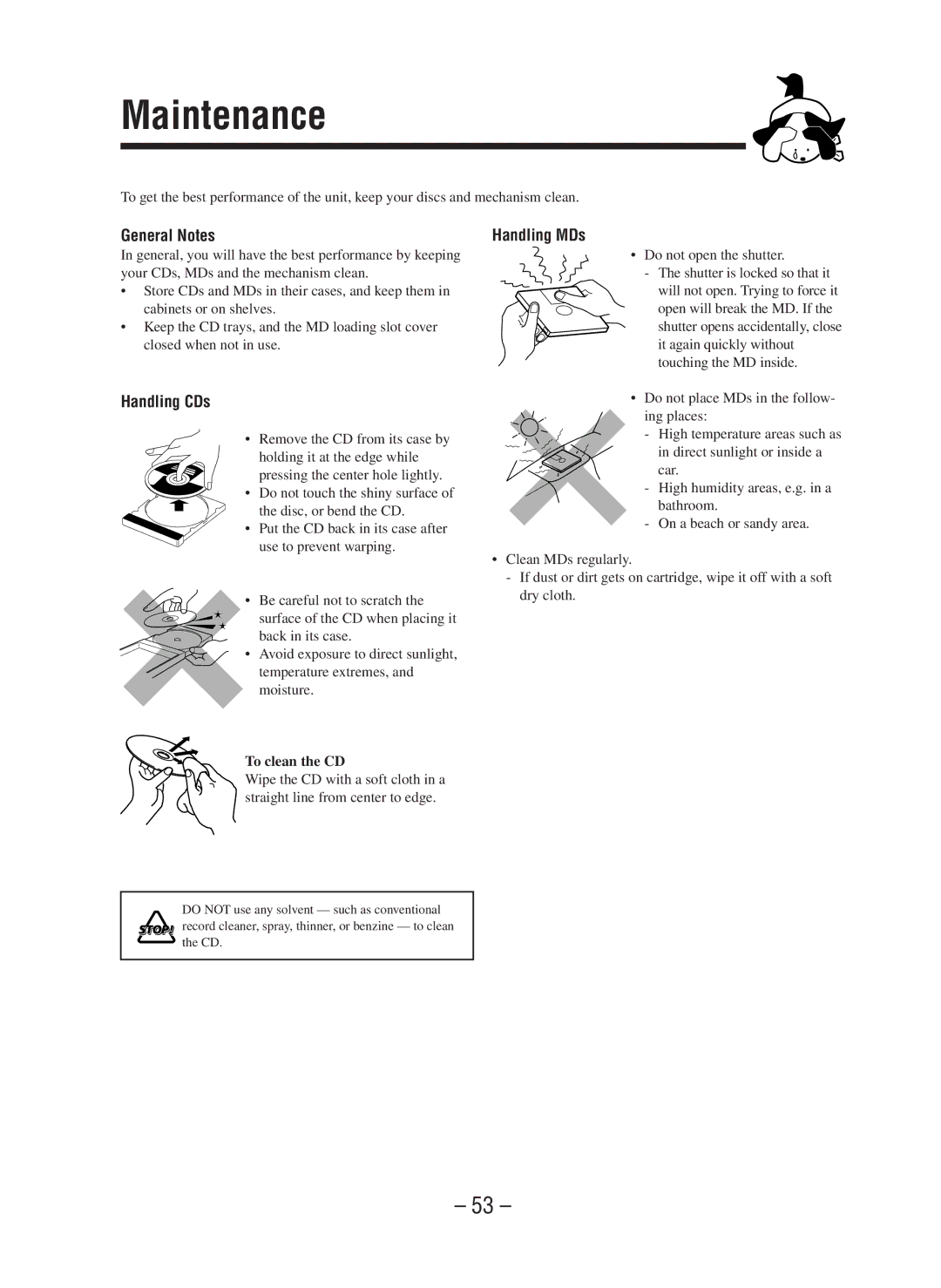 JVC CA-WMD90R manual Maintenance, General Notes, Handling CDs, Handling MDs, To clean the CD 