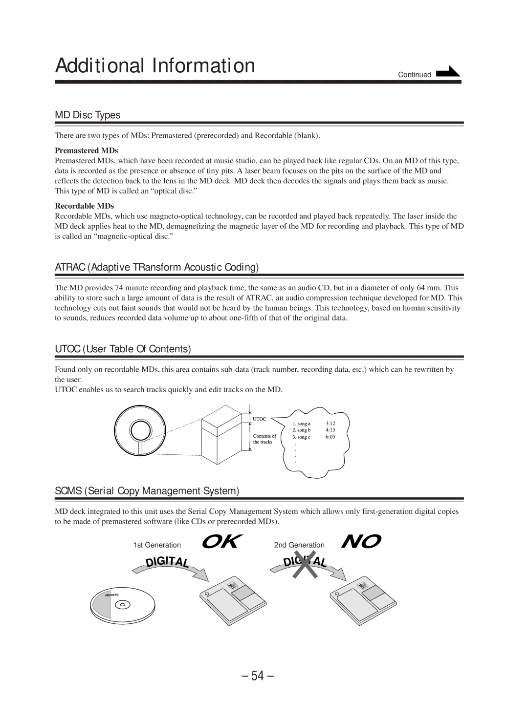 JVC CA-WMD90R Additional Information, MD Disc Types, Atrac Adaptive TRansform Acoustic Coding, Utoc User Table Of Contents 